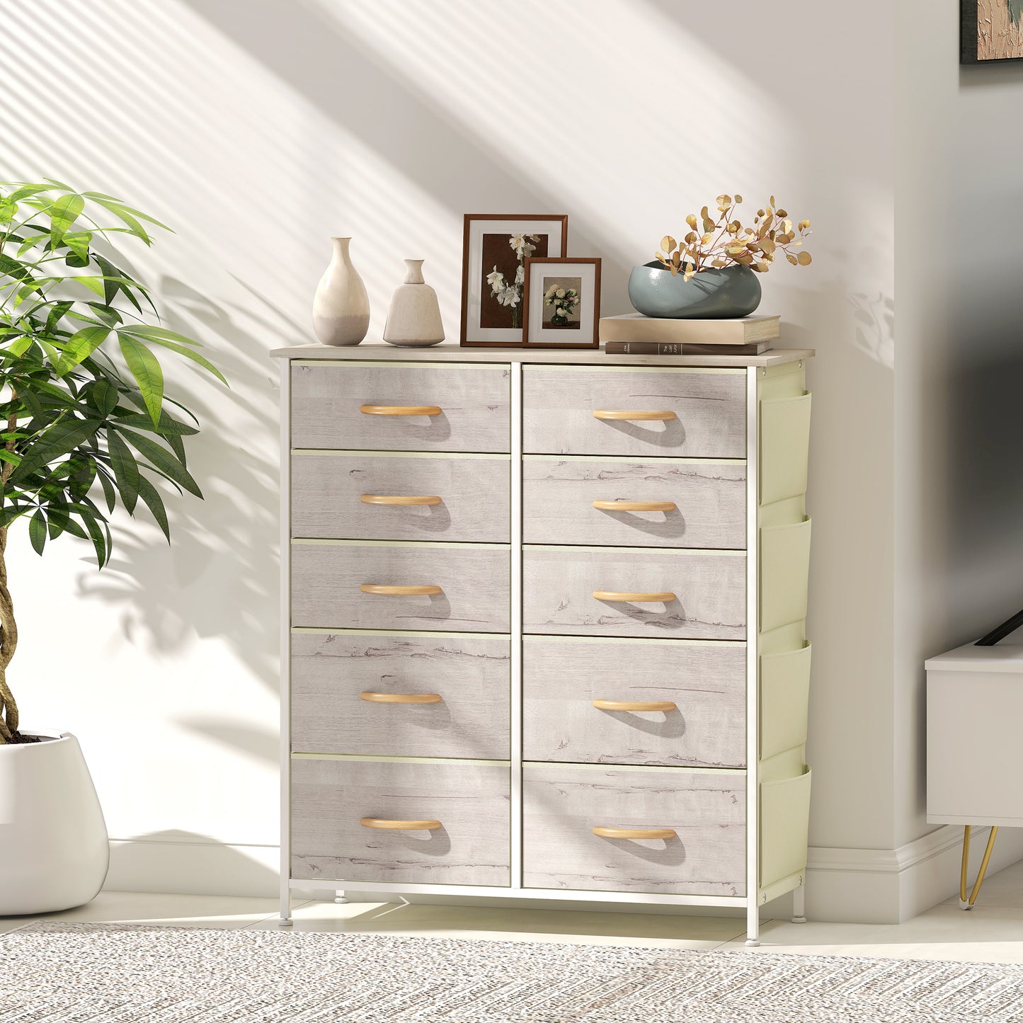 HOMCOM Ten Fabric Drawer Chest With Steel Frame And Side Pockets And Two Hooks Natural Wood Finish