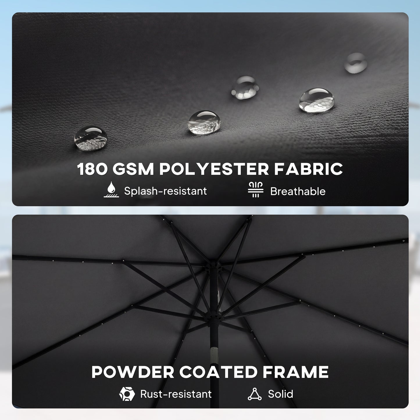 Outsunny 2.6m Garden Parasol Umbrella With LED Solar Light Parasol Cover Outdoor Market Patio Black