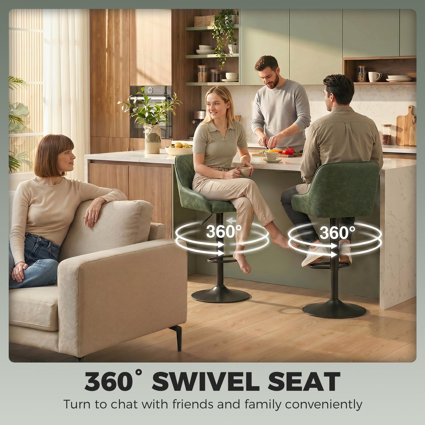 HOMCOM Adjustable Bar Stools Swivel Kitchen Chairs With Backrest Set Of 2 For Kitchen Island Dark Green