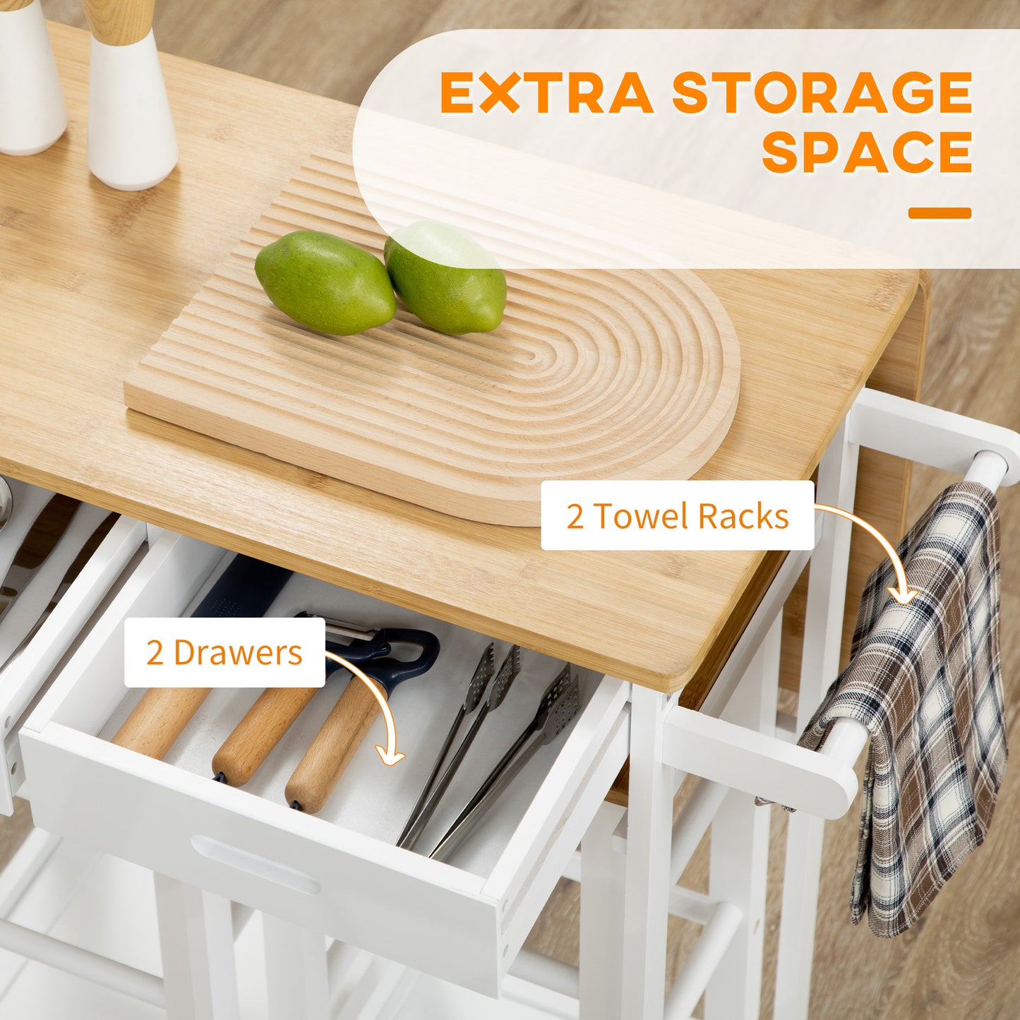 HOMCOM Bamboo Kitchen Island Cart With Drop Leaf Breakfast Bar 2 Stools Drawers Towel Rack Rolling Cart White