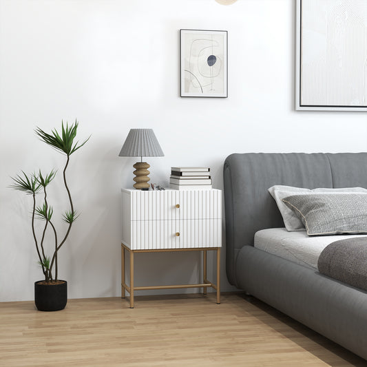HOMCOM Elegant Two Drawer Bedside Table White With Gold Tone Handles And Metal Base