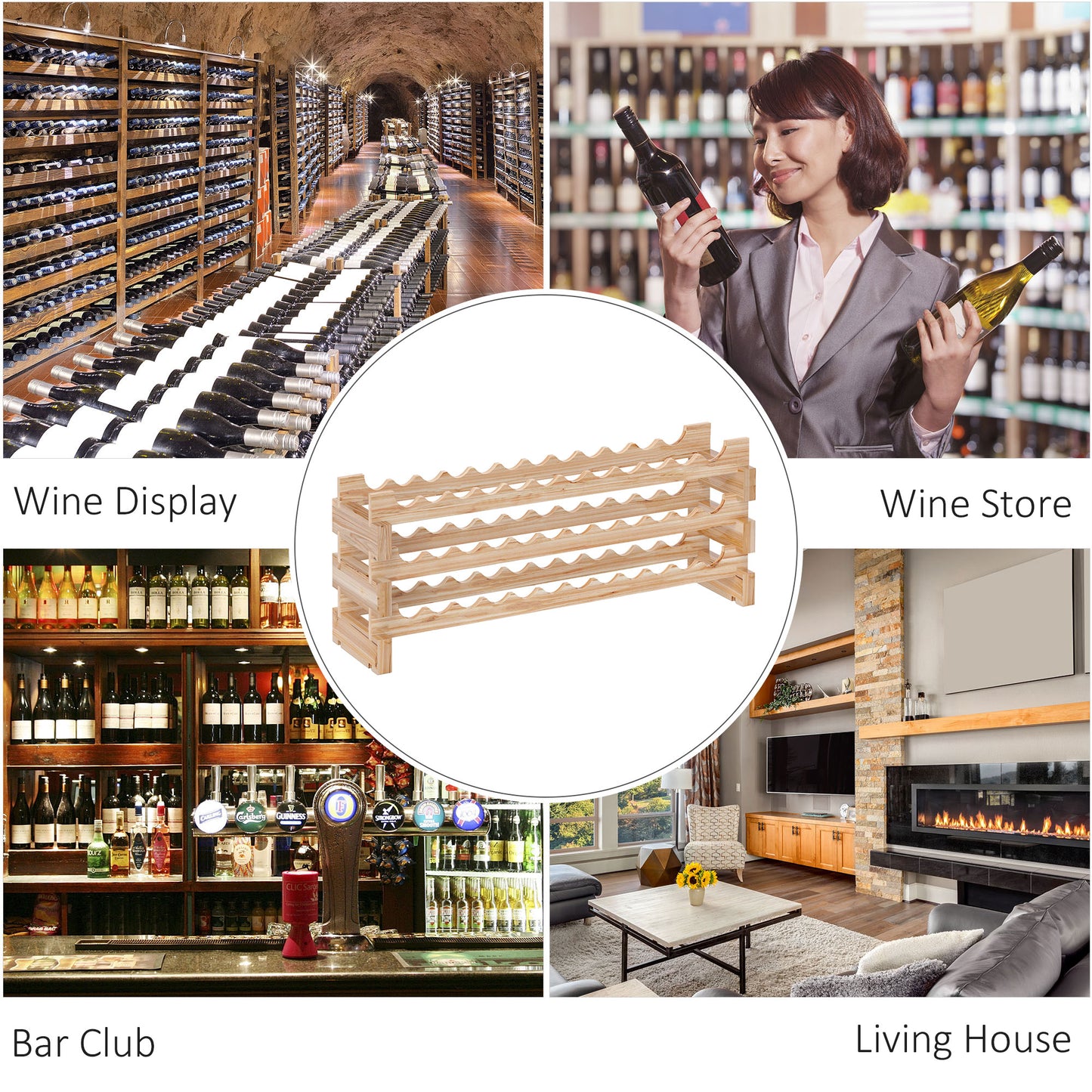 HOMCOM Three Tier Wooden Wine Rack Natural Finish Holds 36 Bottles 750ml Capacity