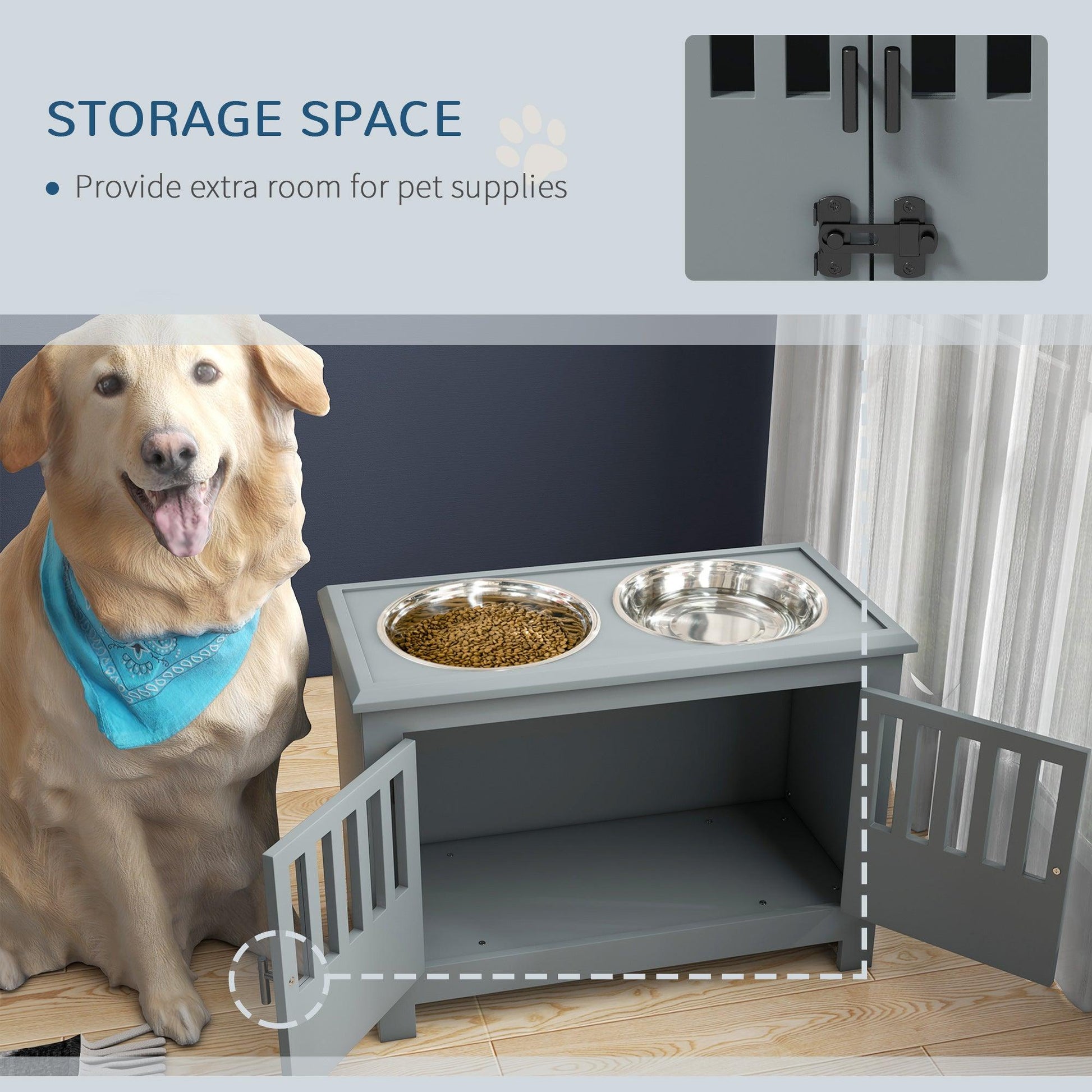 PawHut Raised Dog Bowls for Large Dogs Feeding Station w/ Stand, Storage - Grey - ALL4U RETAILER LTD