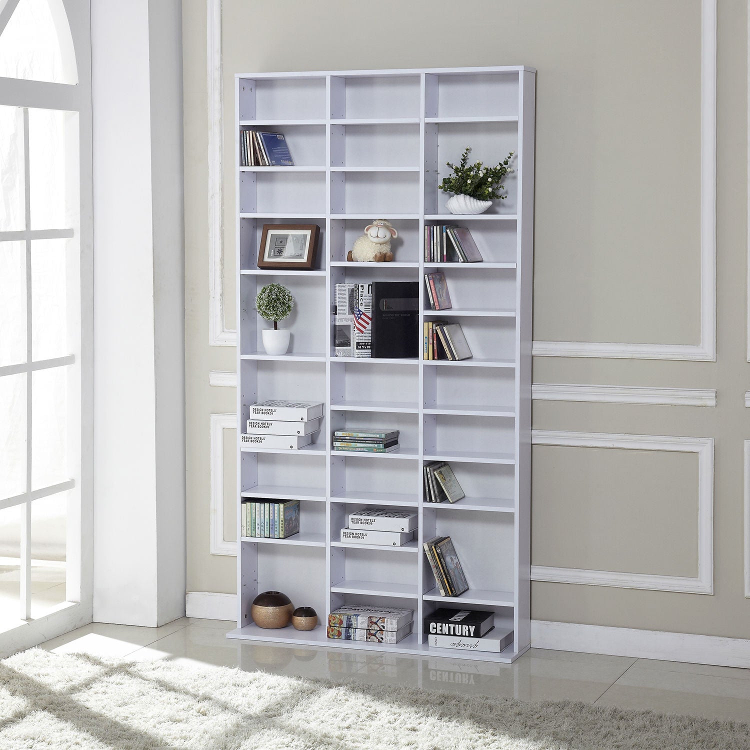 HOMCOM Height-Adjustable Media Storage Shelf for 1116 CDs, DVDs, and Books - White, 195 cm Tall - ALL4U RETAILER LTD