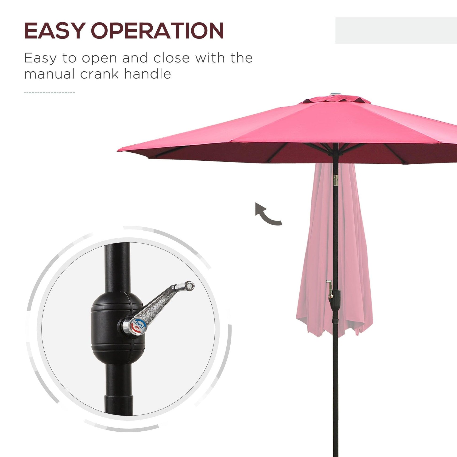 Outsunny 3m Tilting Parasol Garden Umbrellas, Wine Red Sun Shade 8 Ribs, Tilt/Crank - ALL4U RETAILER LTD