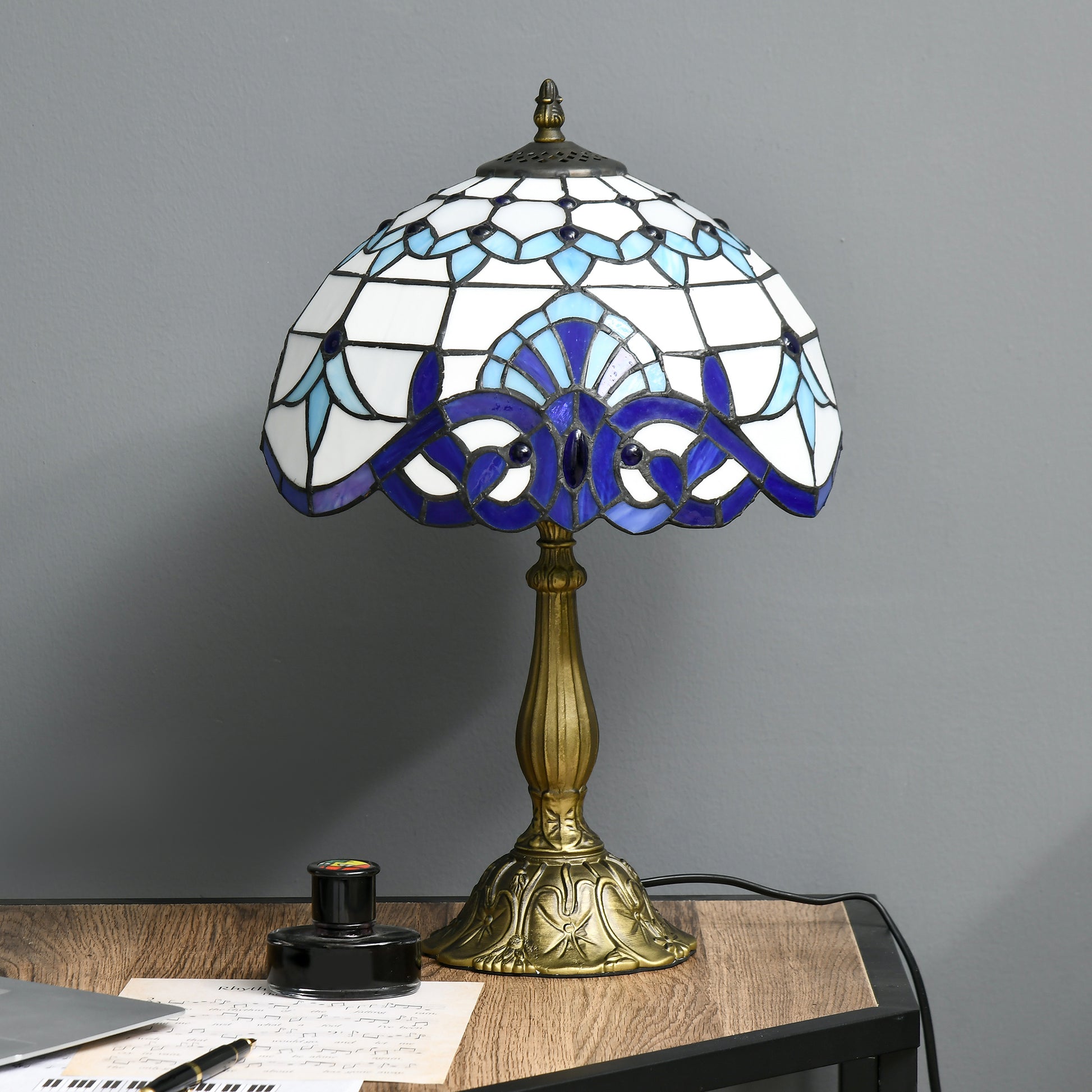 HOMCOM Handcrafted Blue Stained Glass Table Lamp - Antique Nightstand Light for Bedroom and Living Room - ALL4U RETAILER LTD