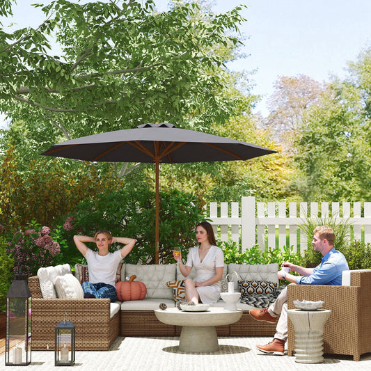 Outsunny 3m Wood Pole Parasol Umbrella Grey With Vented Canopy And Rope Pull Mechanism