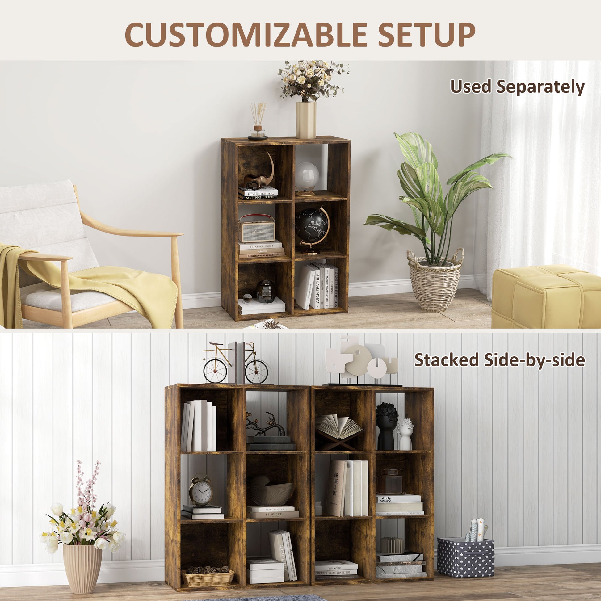 Rustic Brown 3-Tier 6-Cube Storage Cabinet – Versatile Bookcase Organizer for Home and Office - ALL4U RETAILER LTD