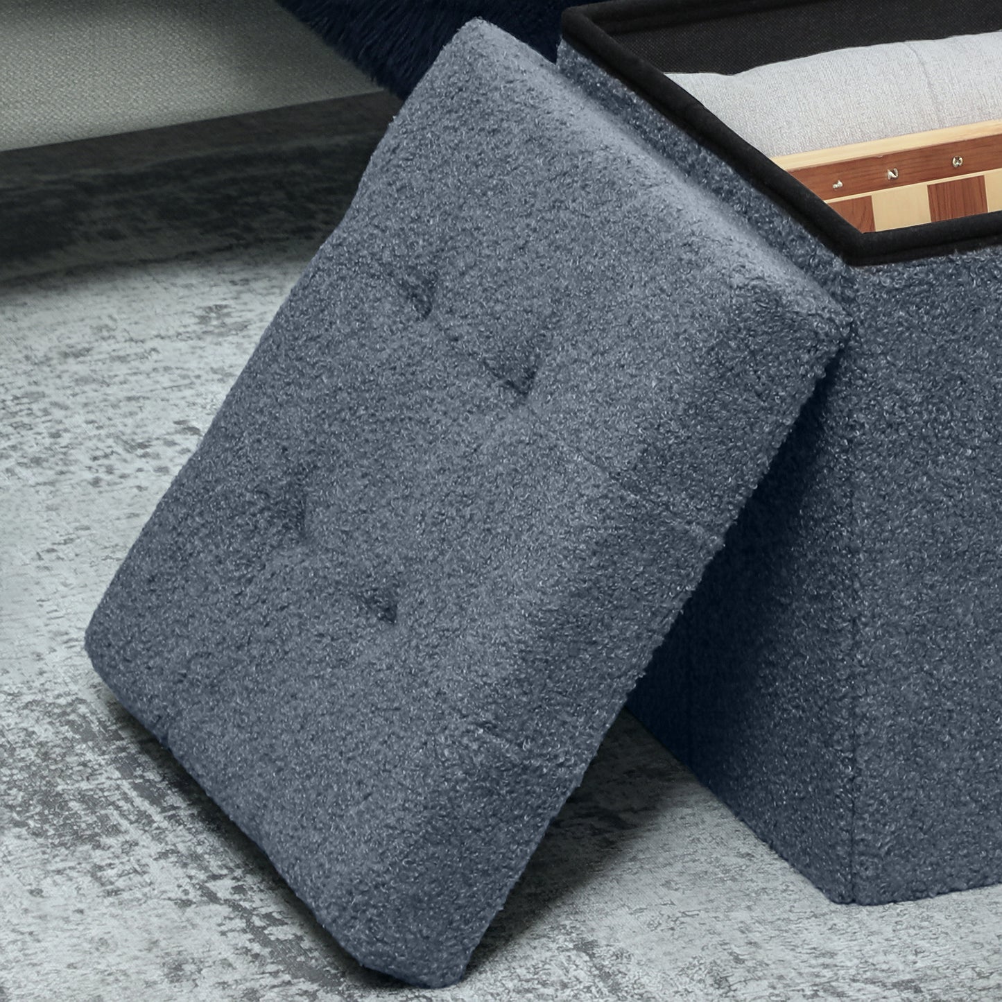 HOMCOM Foldable Sherpa Fleece Storage Ottoman Blue With High Density Foam For Space Saving Living Room Organization