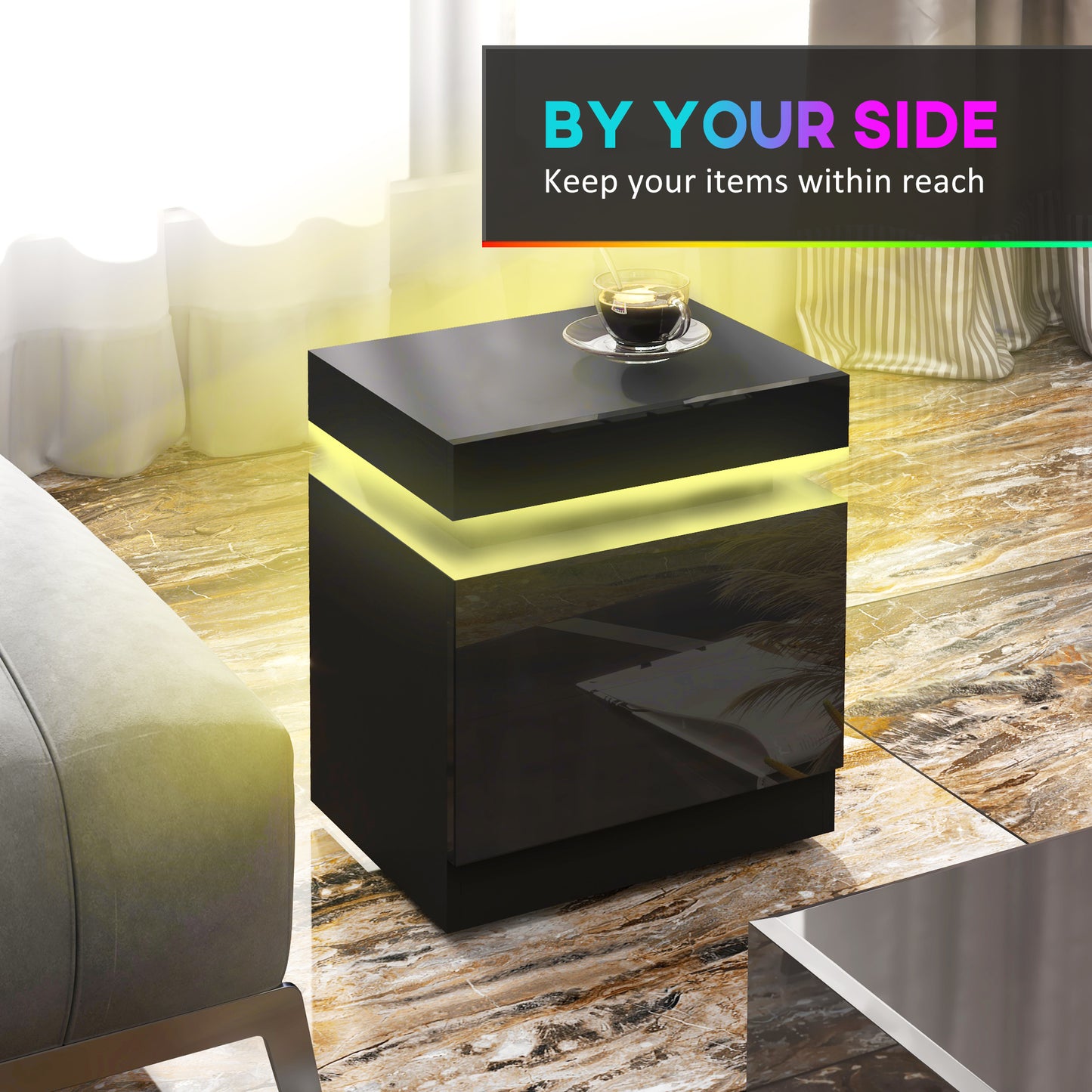 HOMCOM Black LED Color Changing Bedside Table With 2 Drawers High Gloss Front Nightstand For Living Room And Bedroom