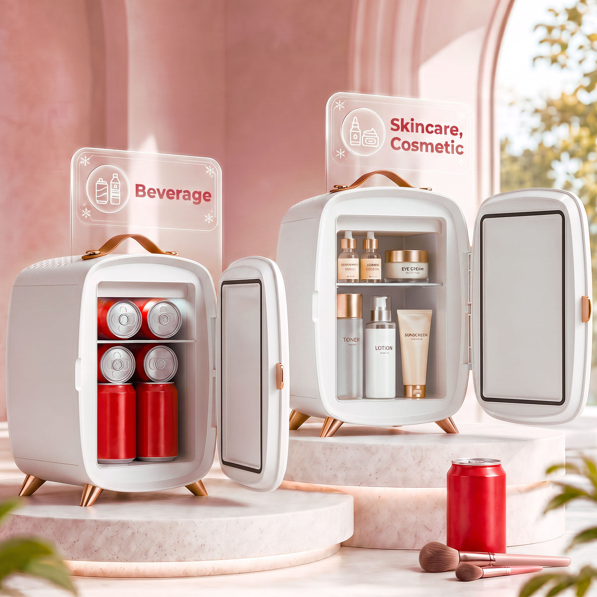 White mini skincare fridge with open compartment showing bottles and tubes on display