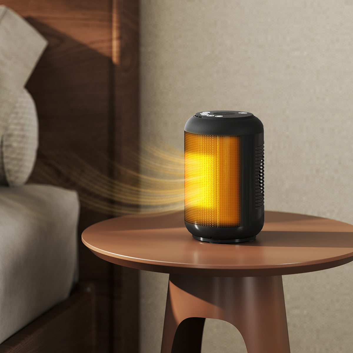 Black ceramic electric space heater with glowing heating cylinder on a small table