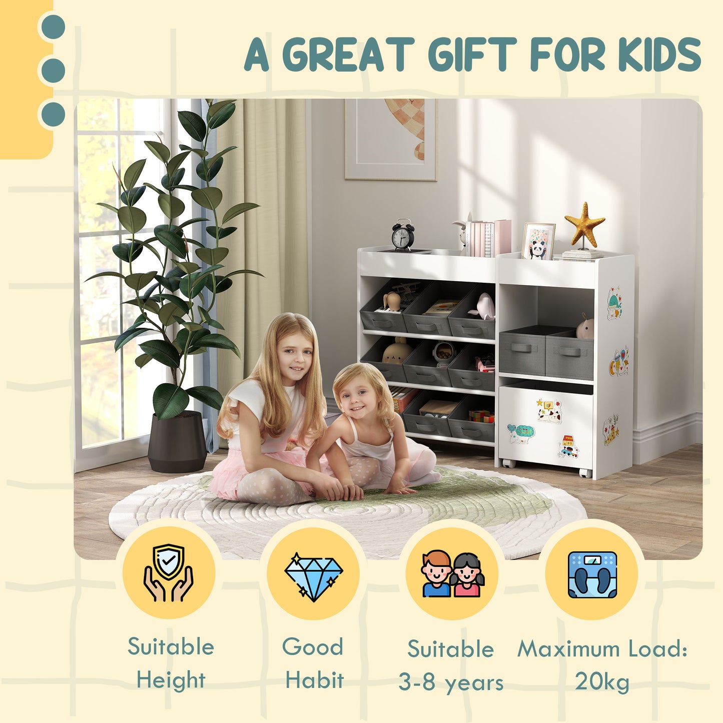 AIYAPLAY Kids Toy Storage Unit With 11 Fabric Bins Cabinet And Top Shelves White For Nursery And Playroom