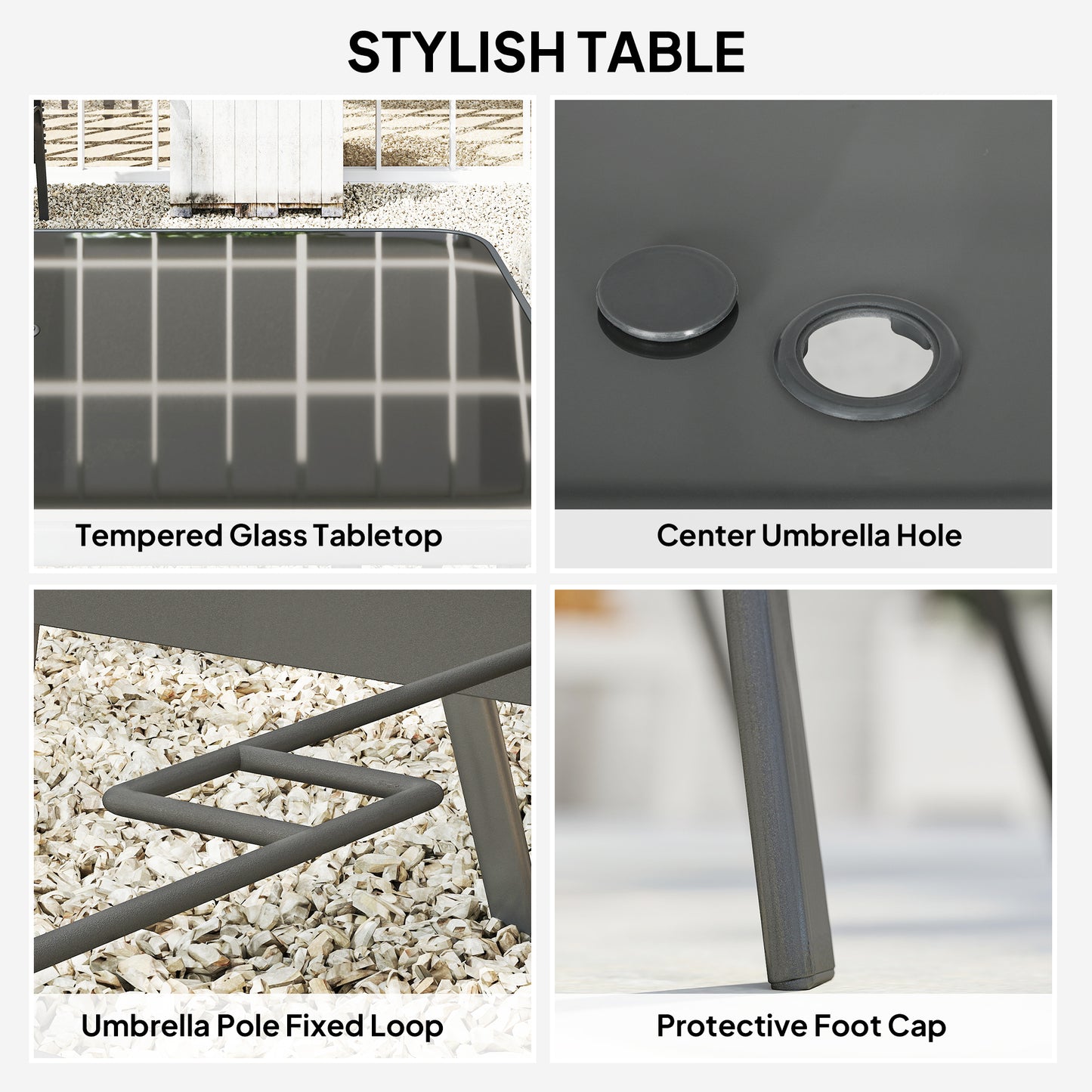 Outsunny Seven Piece Outdoor Dining Set Charcoal Grey With Round Glass Top Table Umbrella Hole Rust Resistant