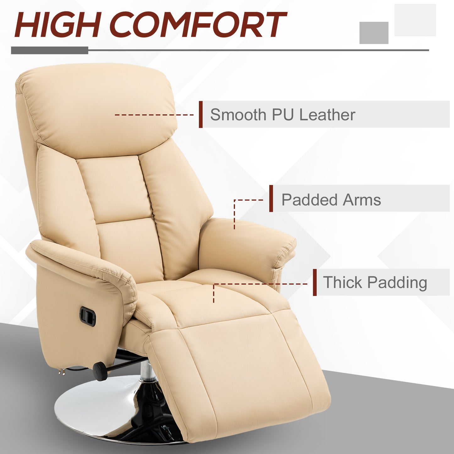 HOMCOM Manual Adjustable Swivel Recliner Chair With Footrest Padded Arms PU Leather Upholstery Beige