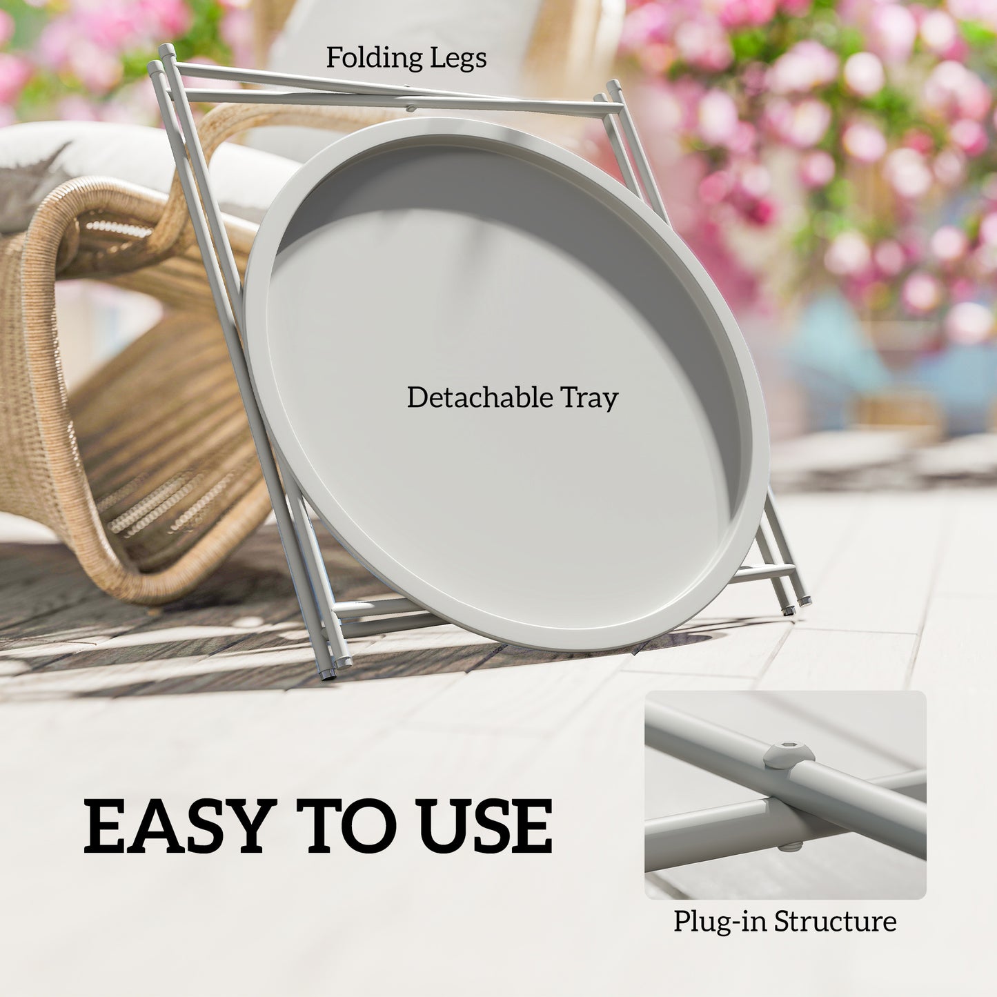 Outsunny Steel Removable Tray Top Garden Table with Folding Legs White Outdoor Coffee Table