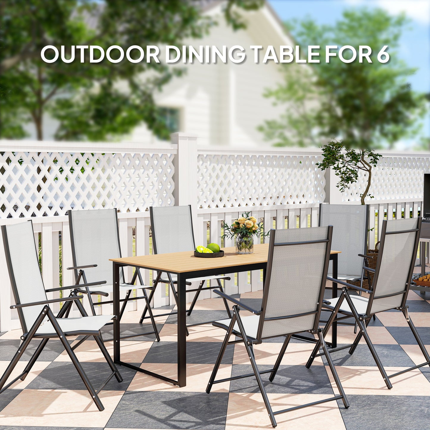 Outsunny 6 People Outdoor Dining Table With Slatted Wood Effect Top And Metal Frame 160 x 80 x 75 cm For Balcony