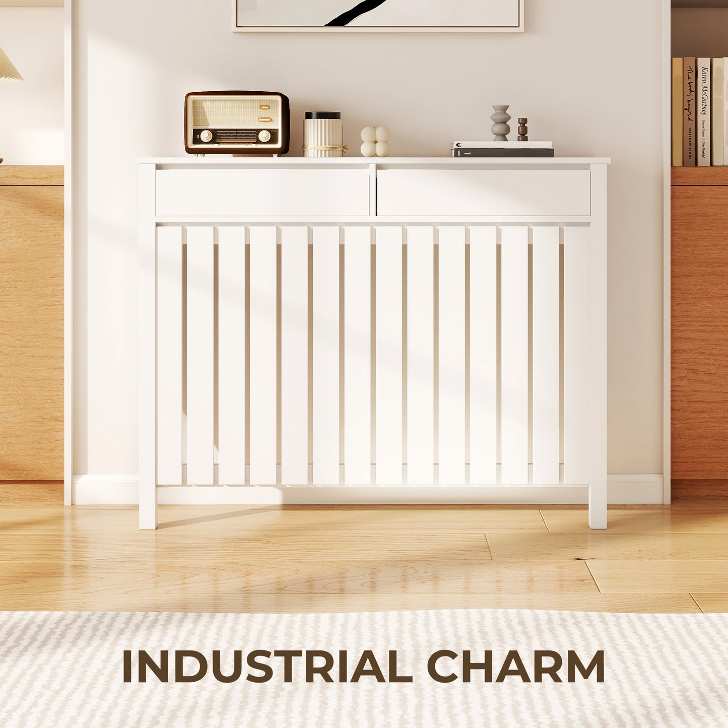 HOMCOM 93 By 119 Cm Rustic Look White Radiator Cover With MDF Construction And Vertical Slats For Safe Heat Flow