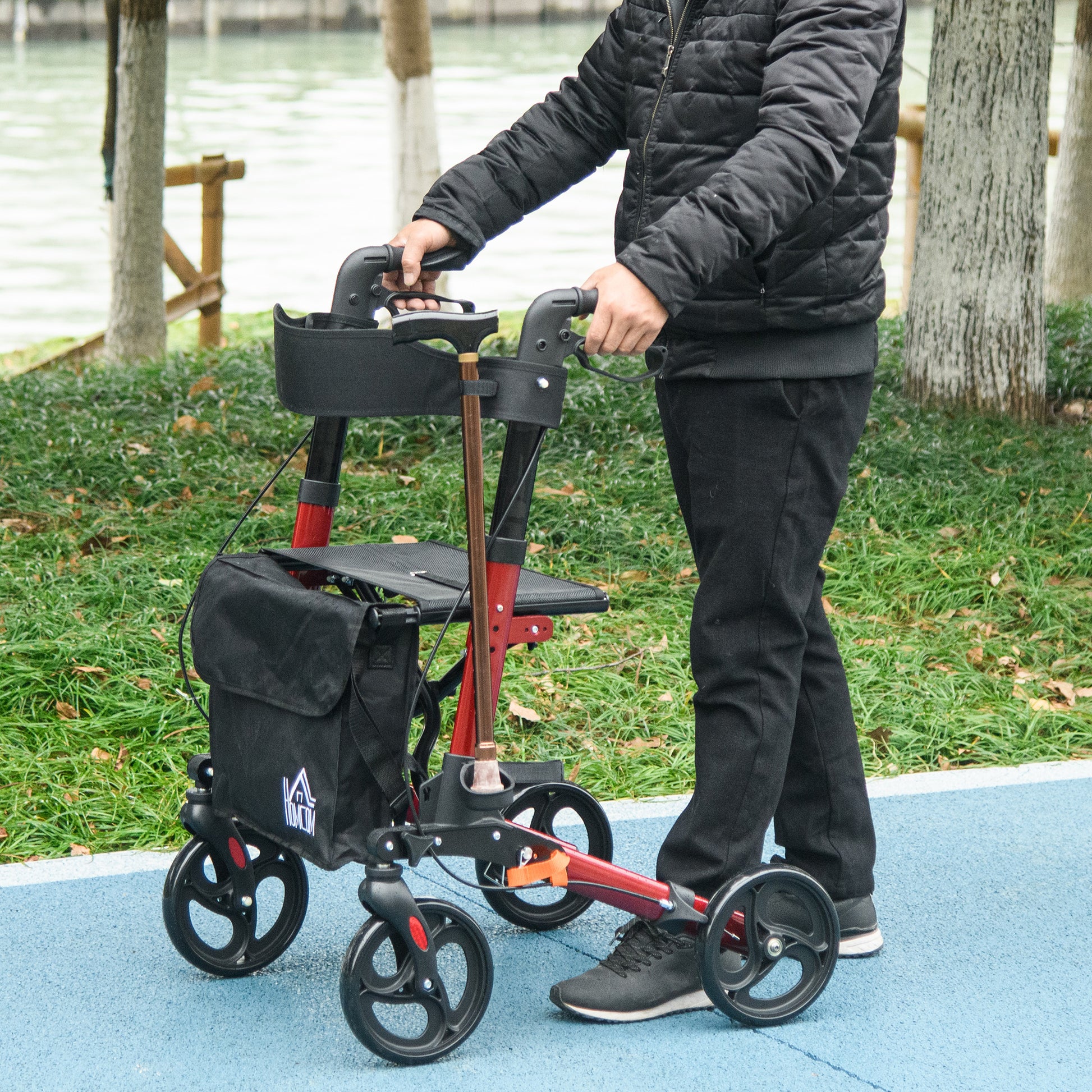 HOMCOM Adjustable Height Folding Rollator with Seat, Dual Brakes & Carry Bag for Seniors - Lightweight Aluminium Walking Frame in Red - ALL4U RETAILER LTD