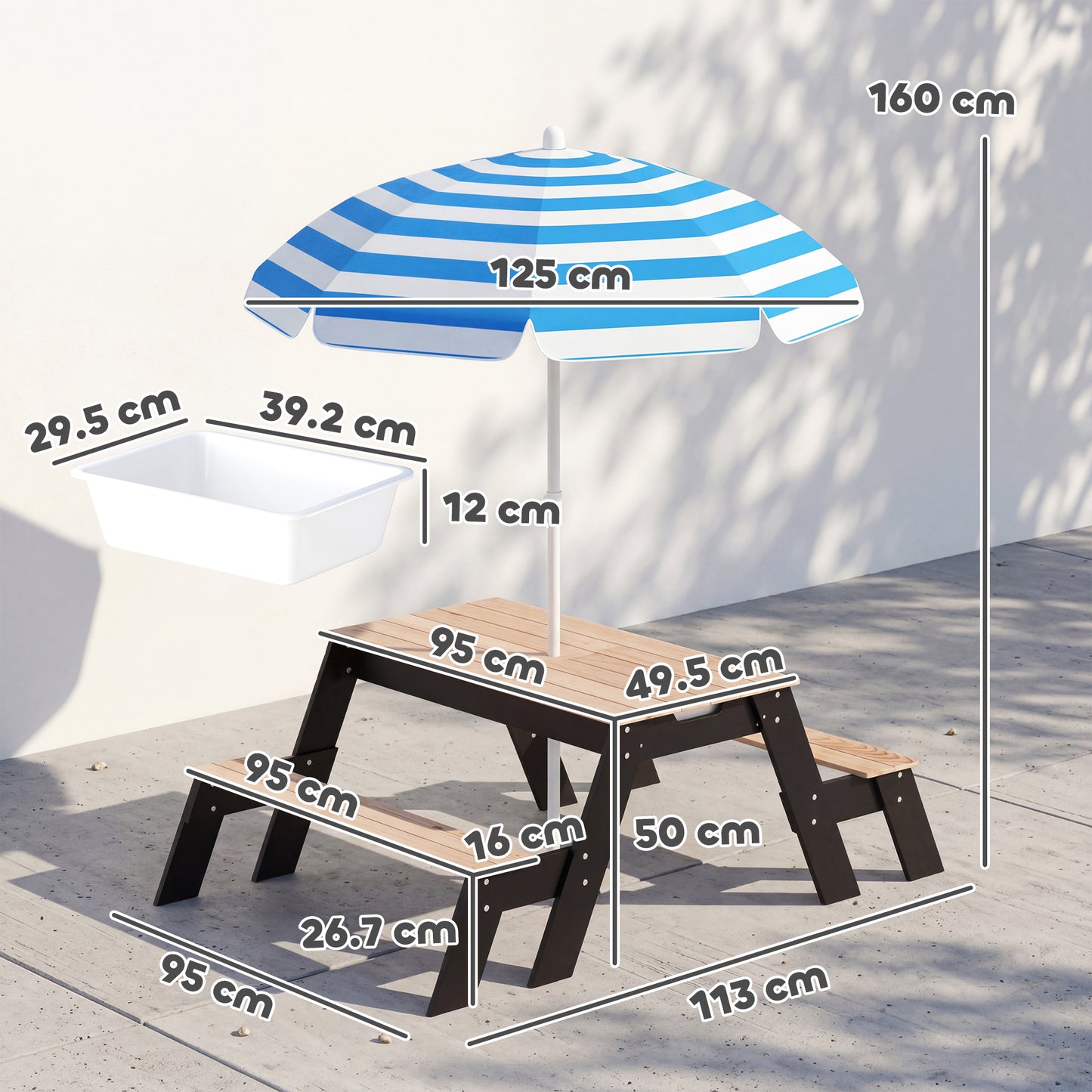 AIYAPLAY 3 In 1 Wooden Sand And Water Table Parasol Kids Garden Furniture Hidden Storage Boxes For Patio Ages 3 To 6