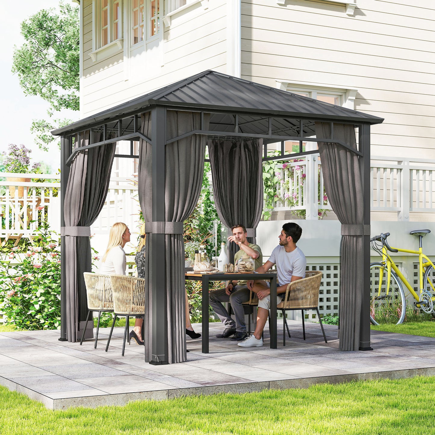 Outsunny 2.5 x 2.5 m Hardtop Gazebo With Galvanised Steel Roof Waterproof Pavilion Netting And Curtains For Patio