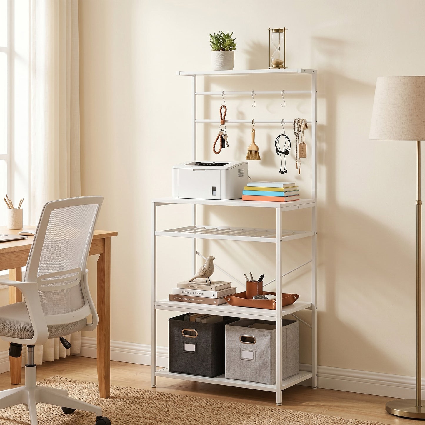 HOMCOM Freestanding Shelving Unit With Six Hooks And Wine Rack For Living Room And Home Office White