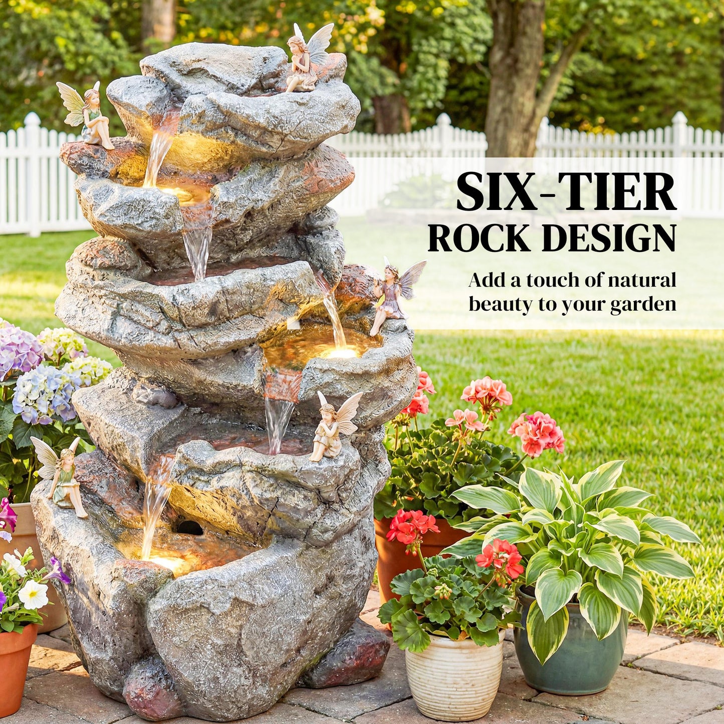 Outsunny 6-Tier Rock Style Outdoor Water Fountain With Cascading Waterfall LED Lights Adjustable Flow Grey