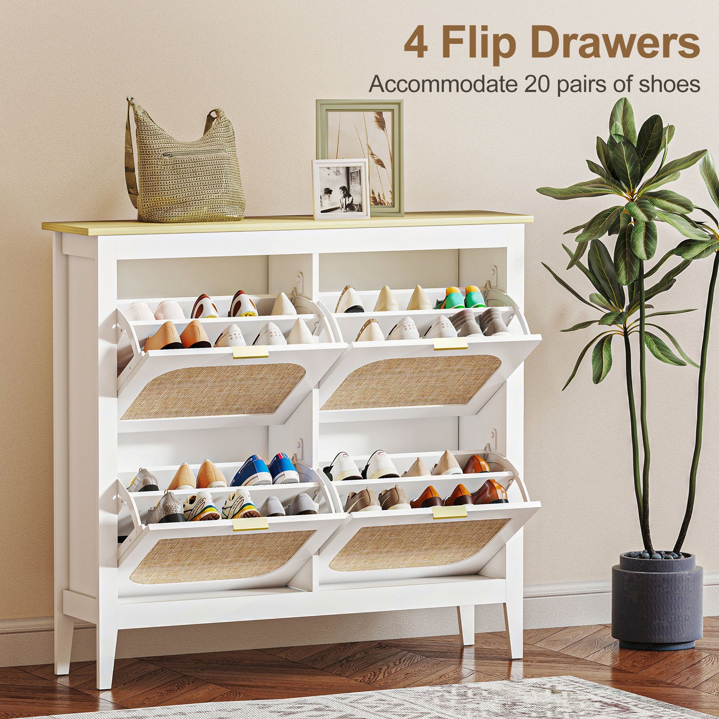 HOMCOM Narrow Boho Rattan Shoe Cabinet With 4 Flip Drawers Holds 20 Pairs White Entryway Storage