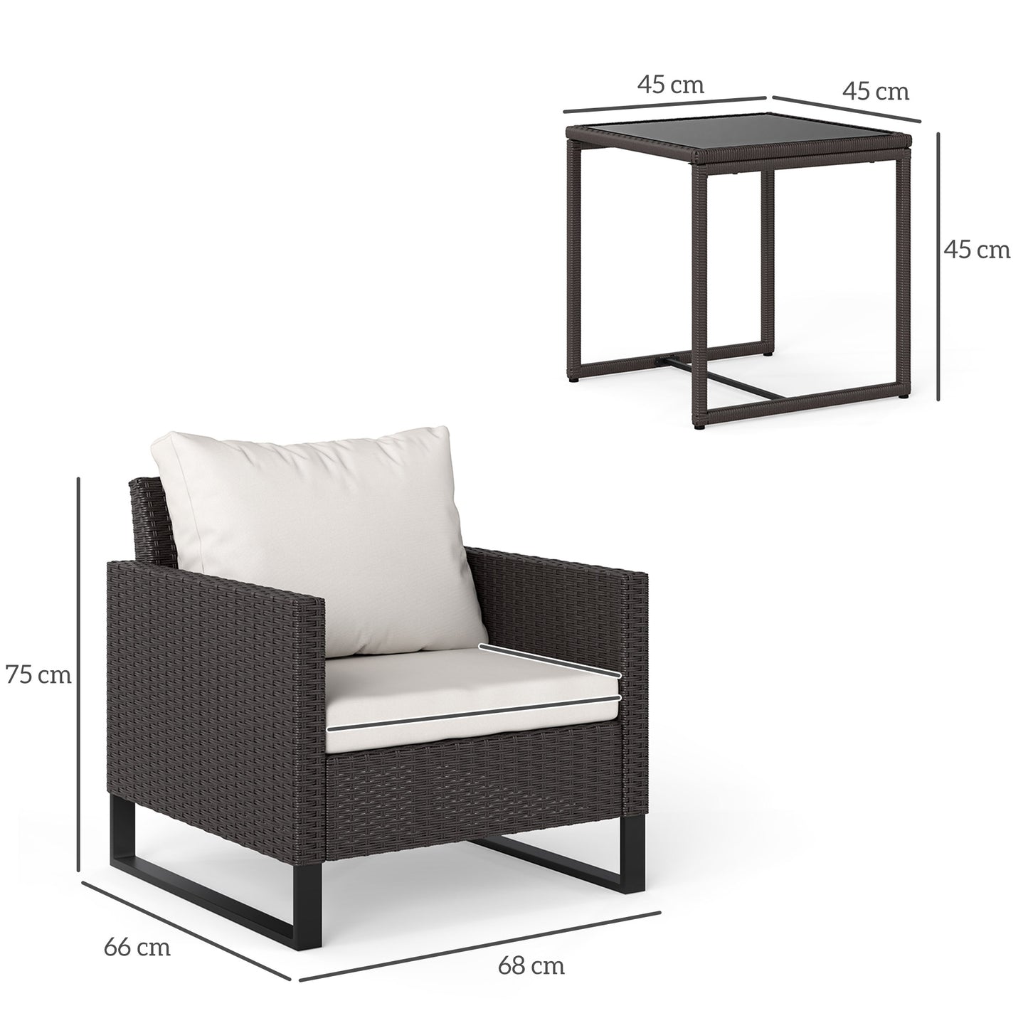 Outsunny 3 Piece Rattan Bistro Set With Glass Top Table And 4 Cushions For Outdoor Patio Balcony Garden Brown