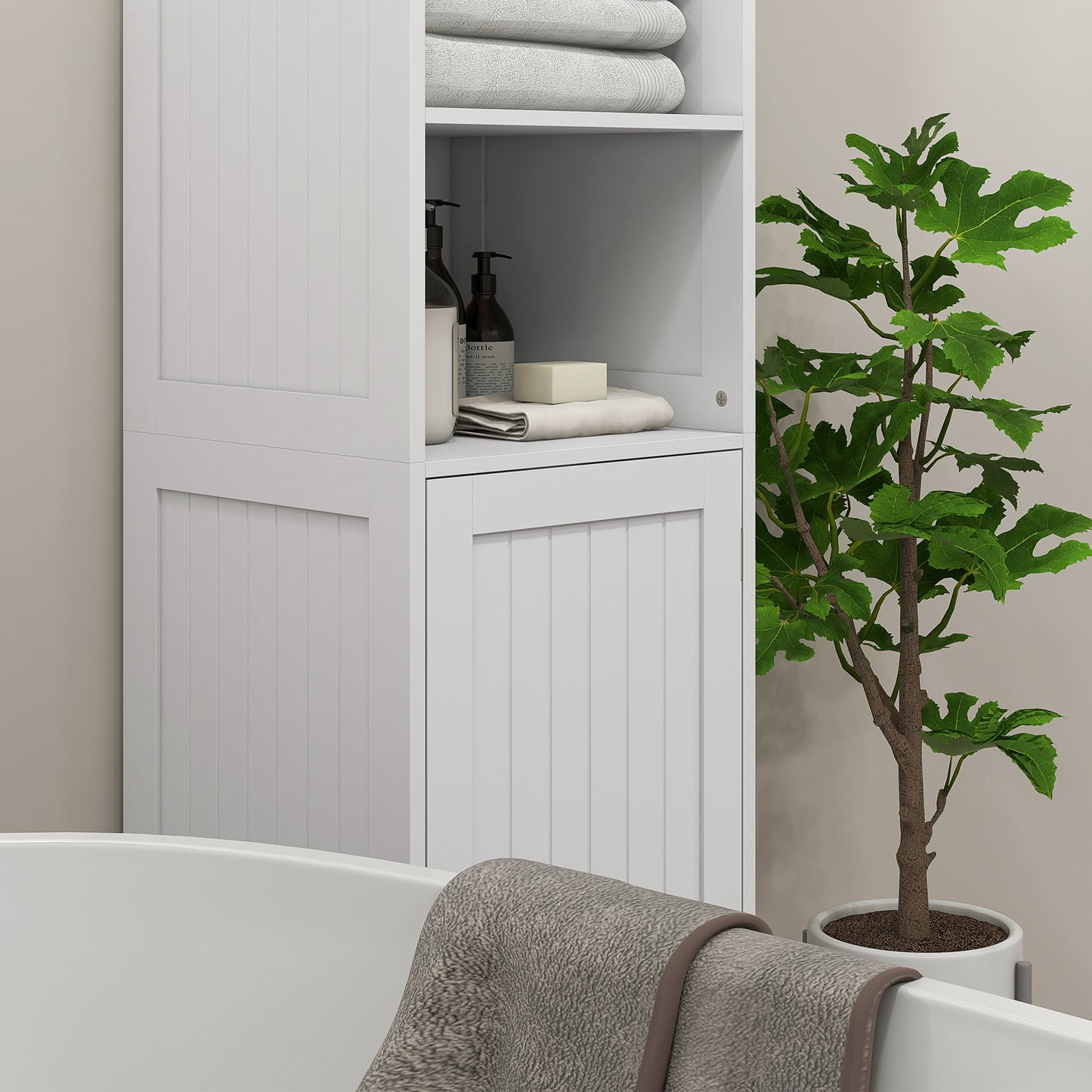 HOMCOM Slim Tall Bathroom Storage Cabinet With 3 Open Shelves And 2 Tier Cabinet With Door White