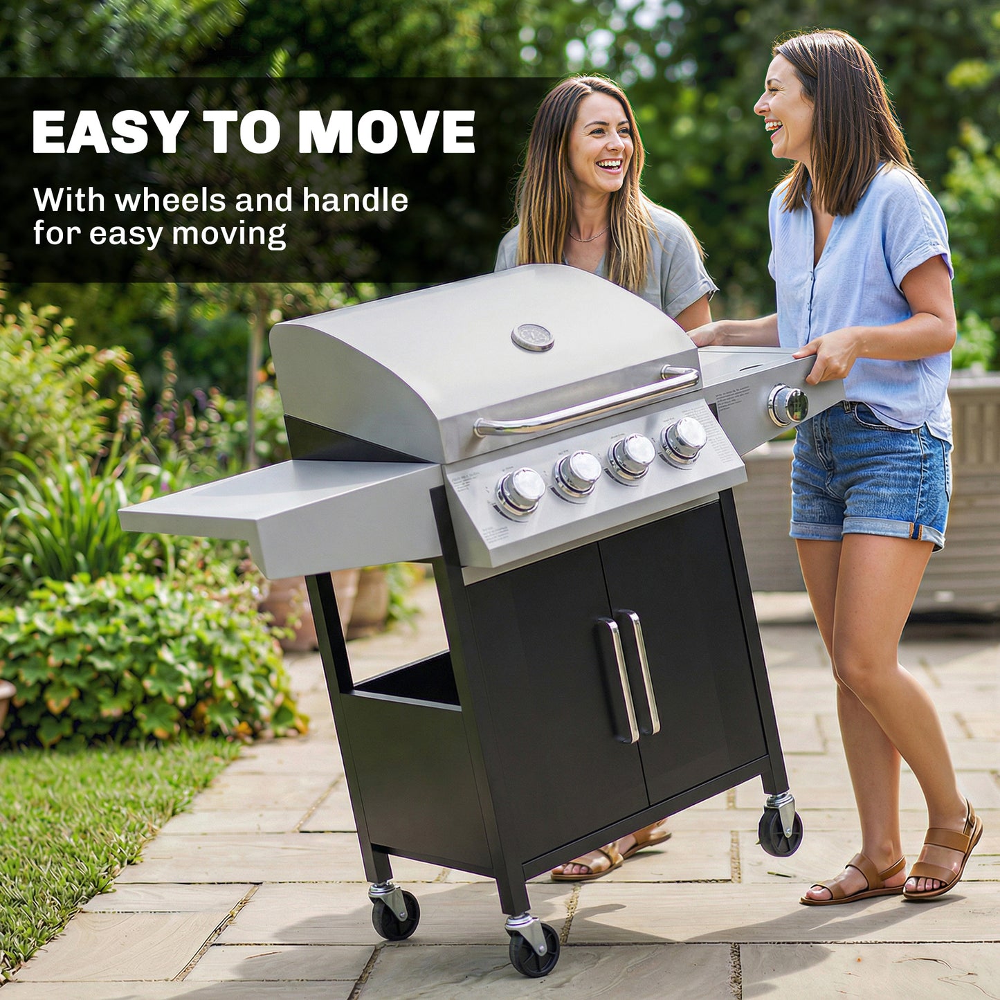 Outsunny Four Burner And One Side Burner Gas BBQ Grill 50000 BTU Steel Portable With Built In Thermometer And Lid
