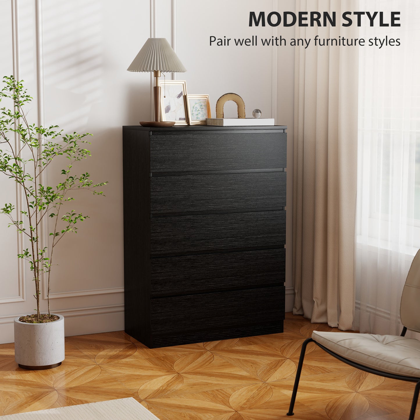 HOMCOM 5 Drawer Chest Of Drawers Modern Black Dresser With Anti Tip Device No Handle Rails For Bedroom Living Room