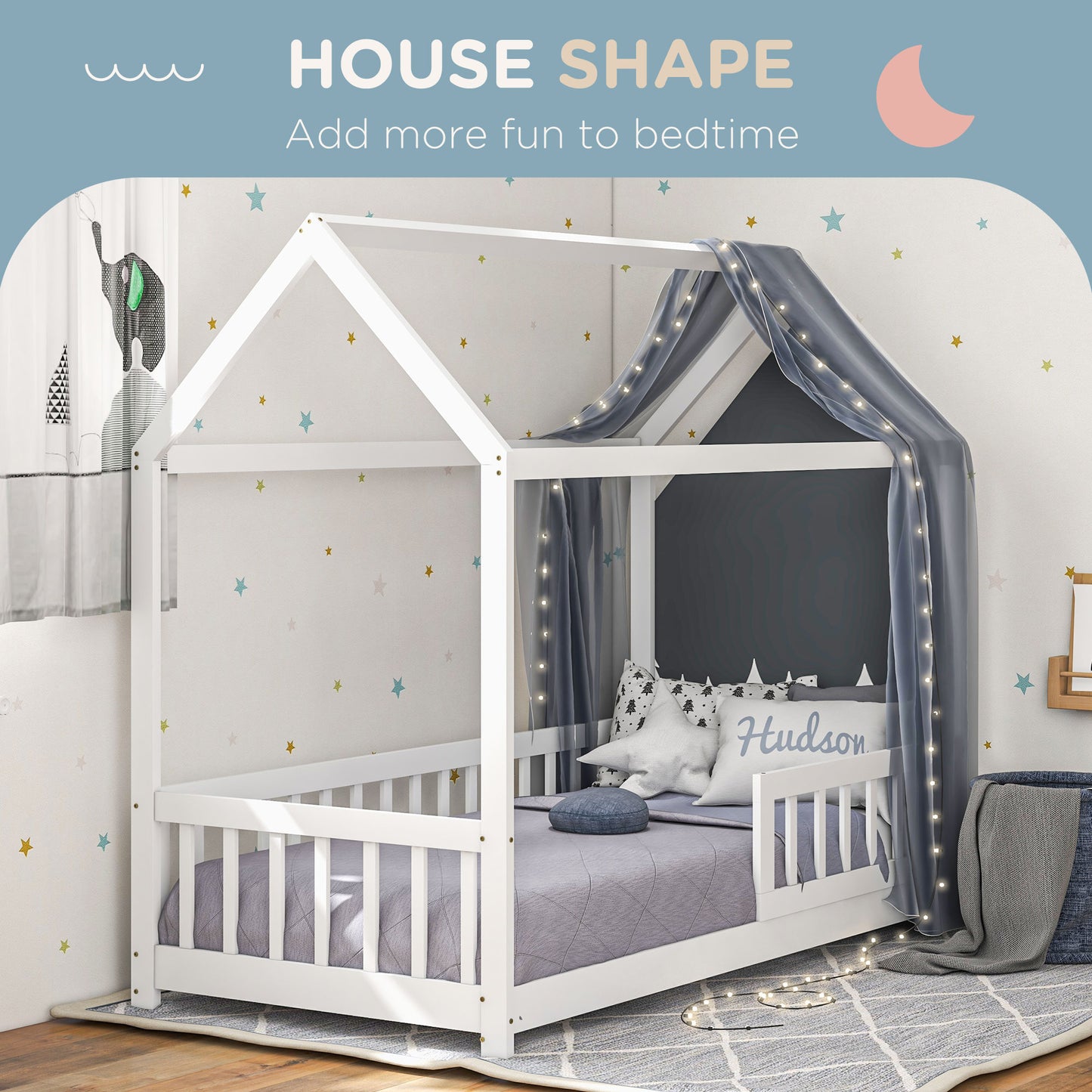 HOMCOM House Shaped Kids Bed Frame With Guard Rails In Solid Pine Wood Ideal Single Bed For Boys And Girls