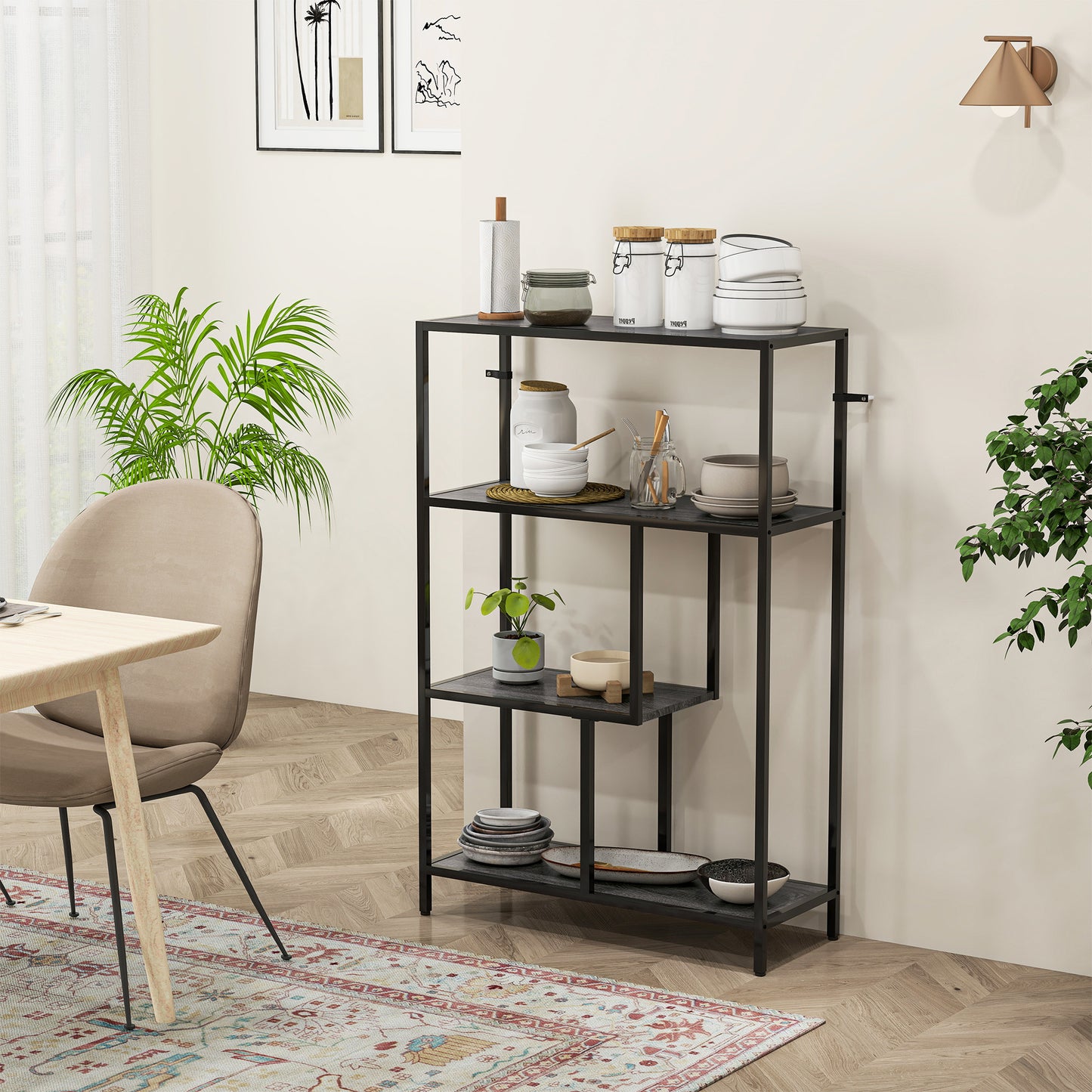 HOMCOM 4 Tier Bookshelf With Open Shelves In Charcoal Grey Industrial Style Rustic Wood Finish