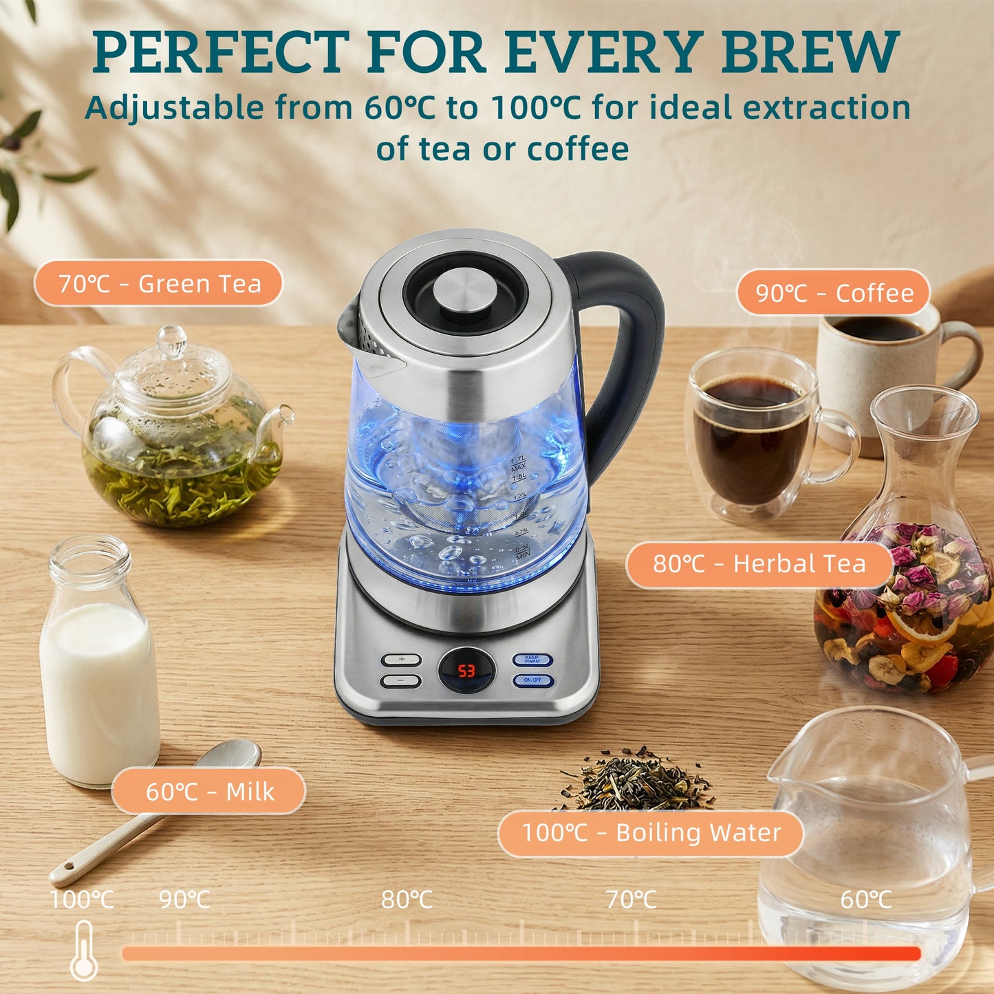 HOMCOM Electric Kettle 1.7L 3000W Fast Boil With Strix Thermostat Tea Infuser 5 Temperature Presets 60-100 C Keep Warm