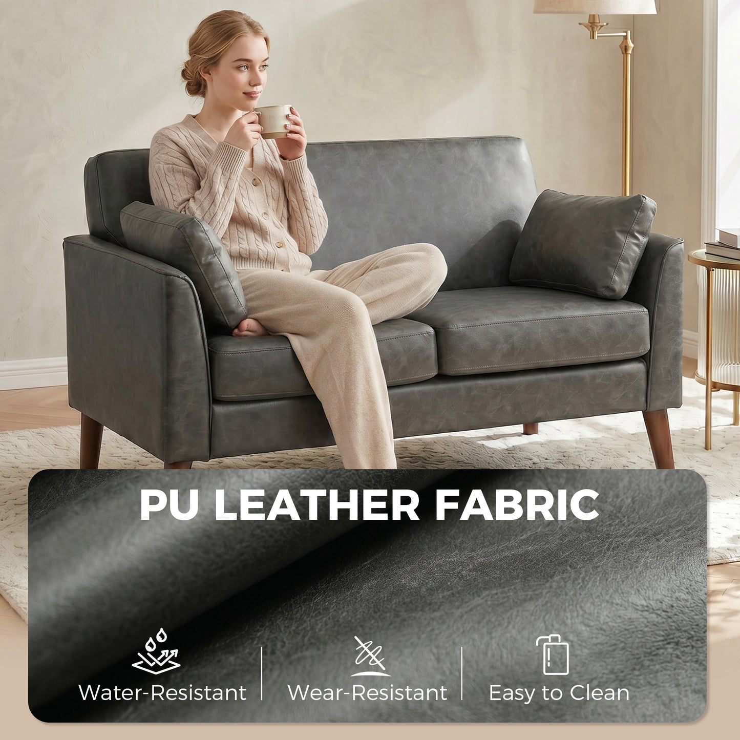 HOMCOM 2 Seater Sofa 132 Cm For Small Spaces With Solid Wood Legs And 2 Pillows In Grey Pebbled PU Leather