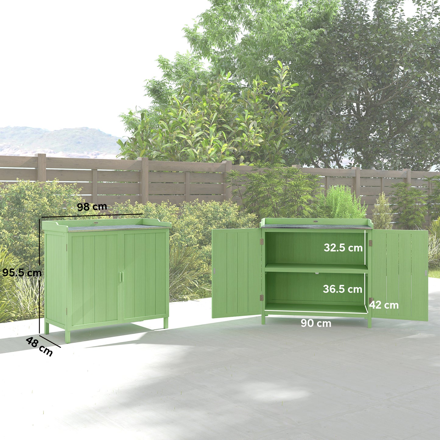 Outsunny Wood Garden Storage Cabinet Potting Bench With Galvanised Top And Two Shelves For Garden Tools And Pool Accessories Green