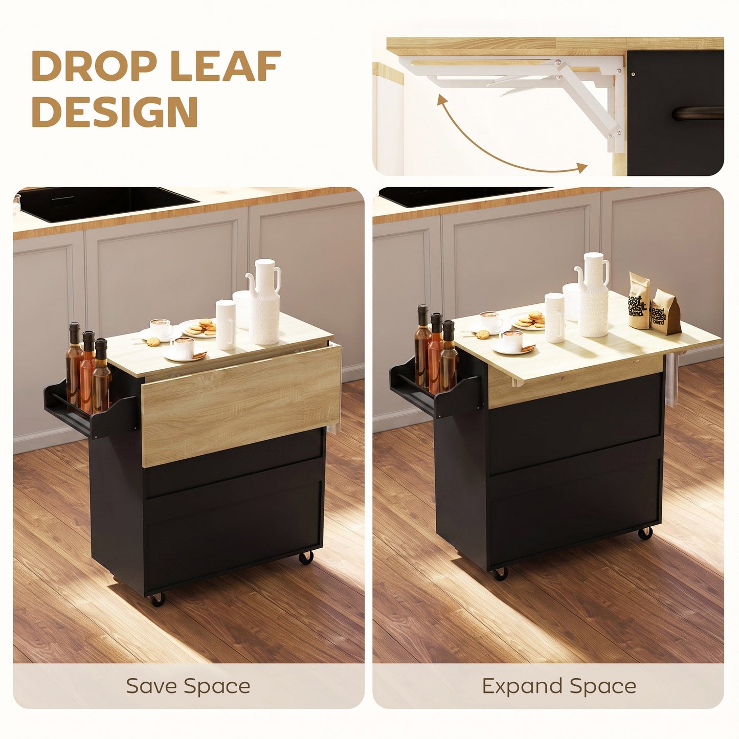 HOMCOM Kitchen Island With Drop Leaf Rolling Cart And Storage Drawer