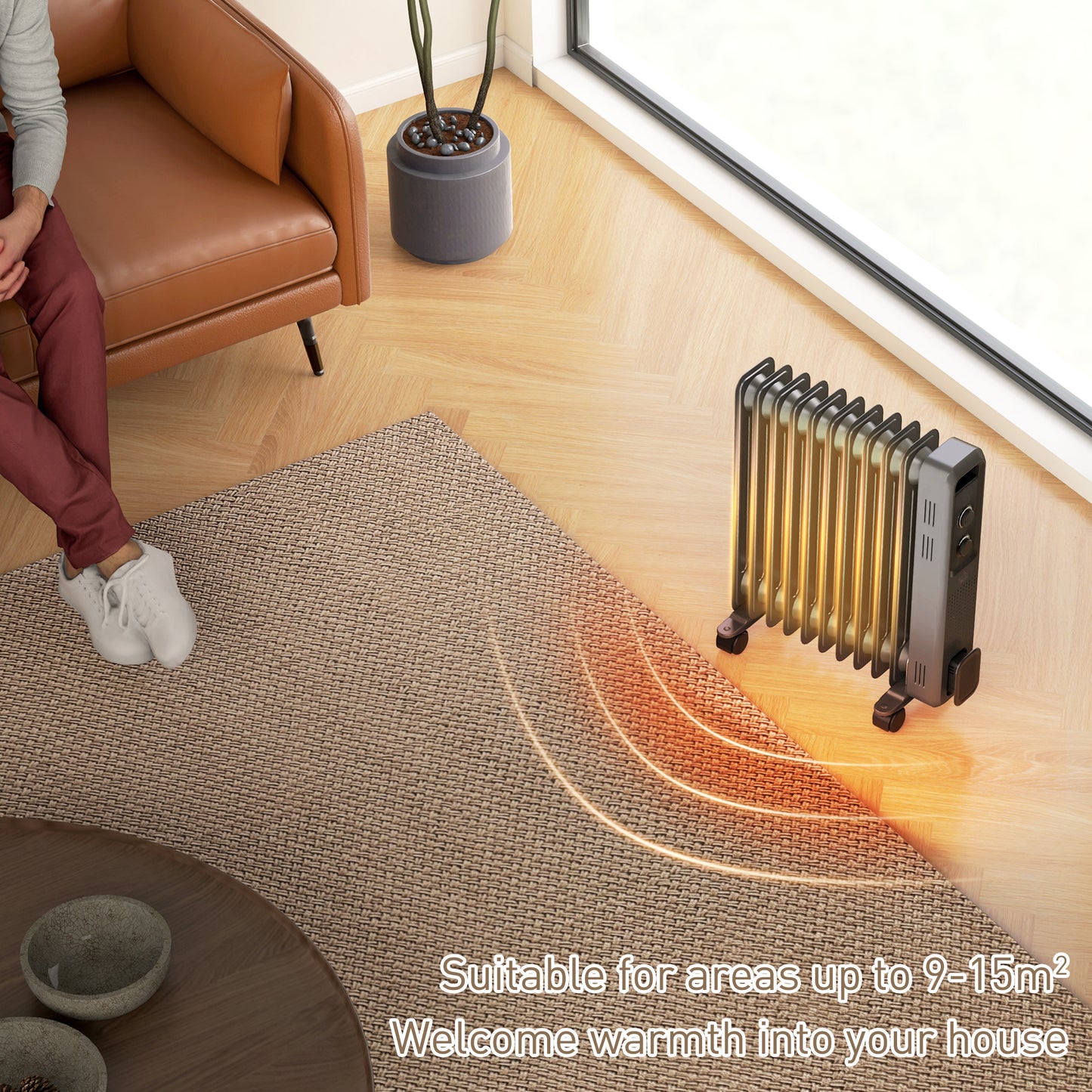 HOMCOM 2500W Oil Filled Radiator With 11 Fin Portable Electric Heater 3 Heat Settings Safety Cut Off And Wheels Grey