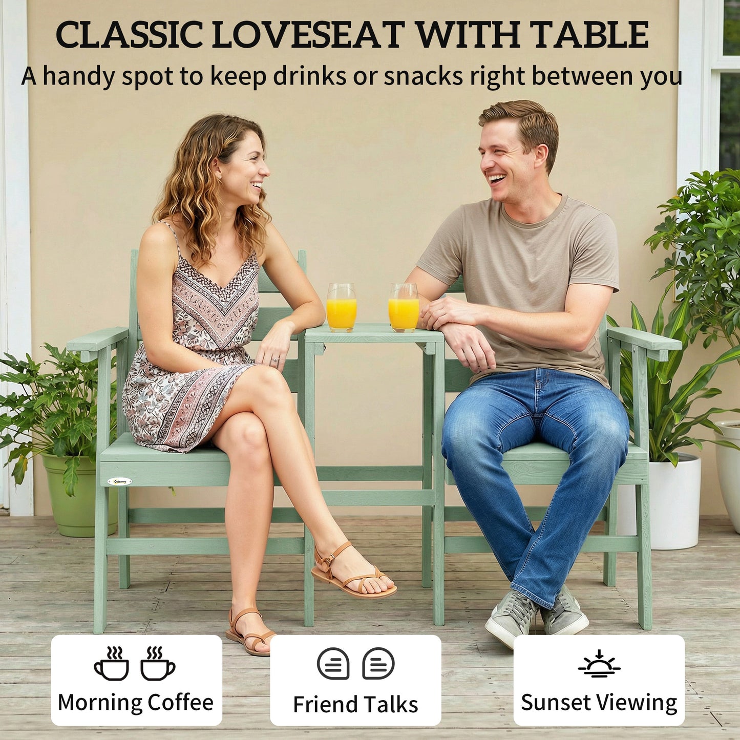 Outsunny Outdoor Garden Loveseat With Integrated Table Jack And Jill Style Embossed Wood Green