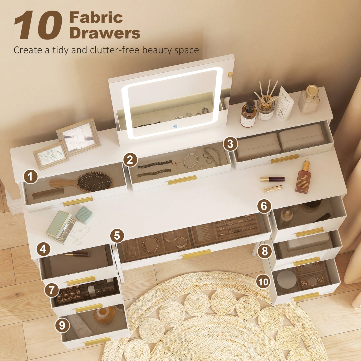 HOMCOM Multi Storage Elegant Dressing Table With LED Mirror In White Finish And Gold Tone Handles