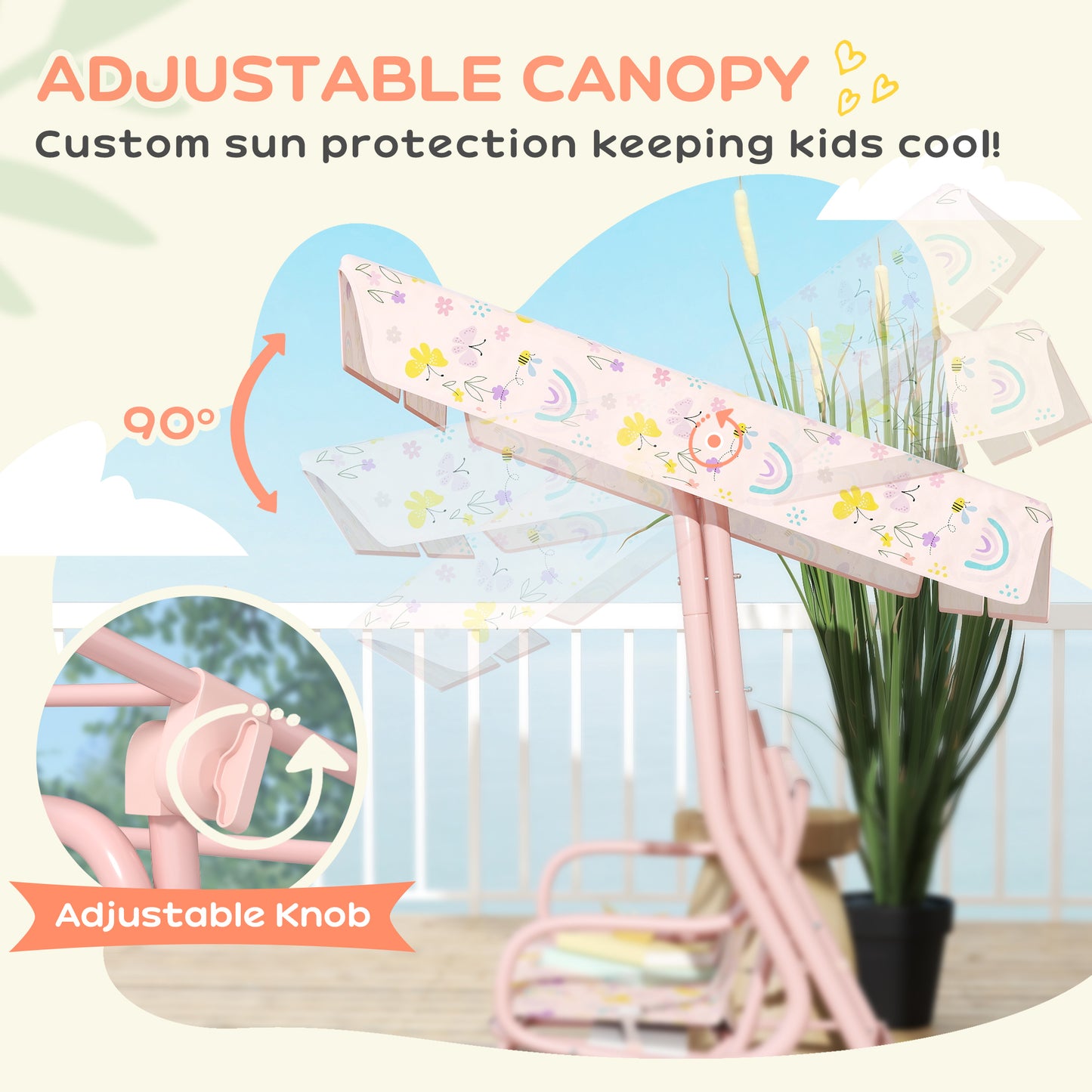 AIYAPLAY Kids Garden Swing Chair With Adjustable Canopy Safety Belt 2 Seater Hammock Swing Bench For Patio Porch Pink