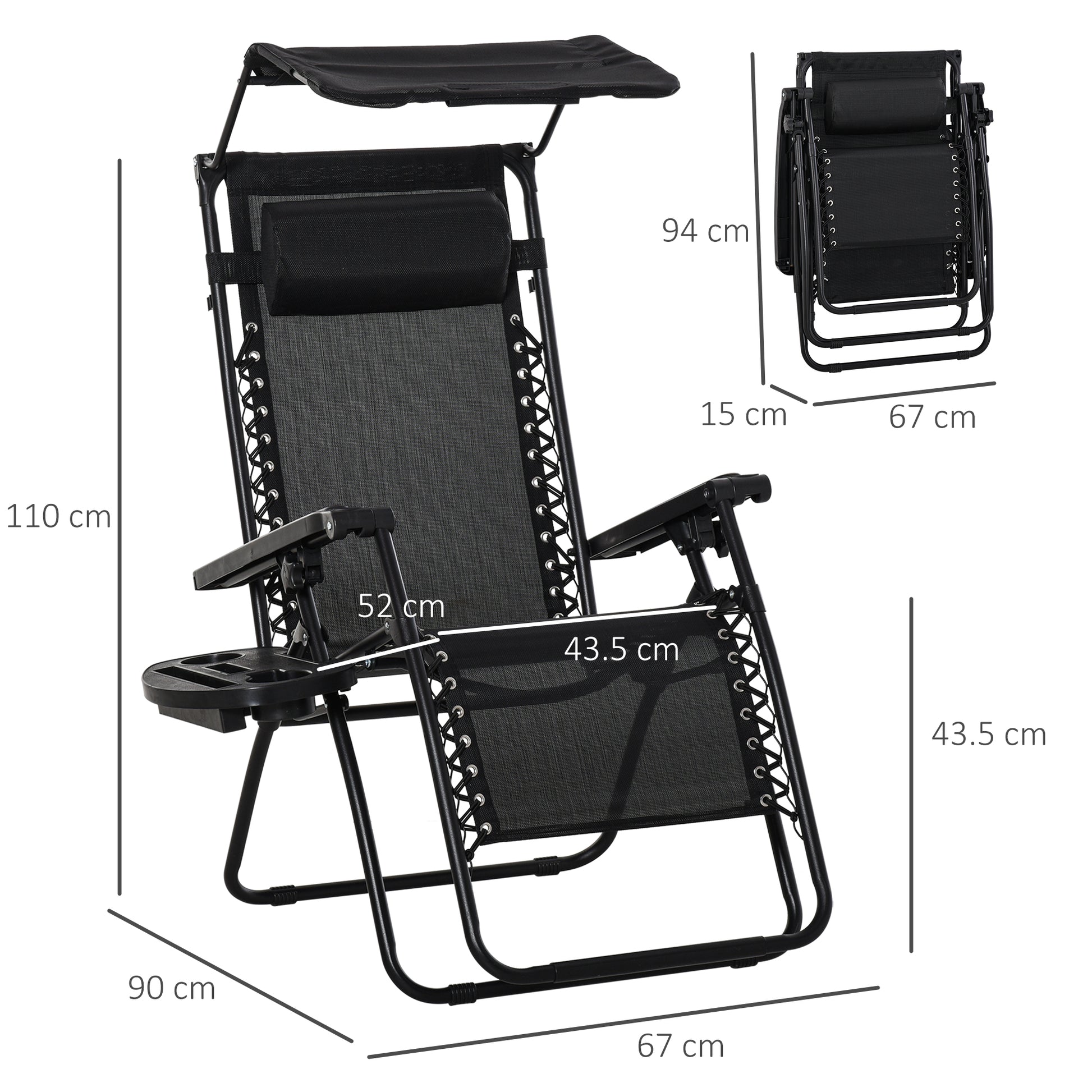 Outsunny Set of 2  Zero Gravity Reclining Garden Chairs with Adjustable Headrest and Side Tray - ALL4U RETAILER LTD