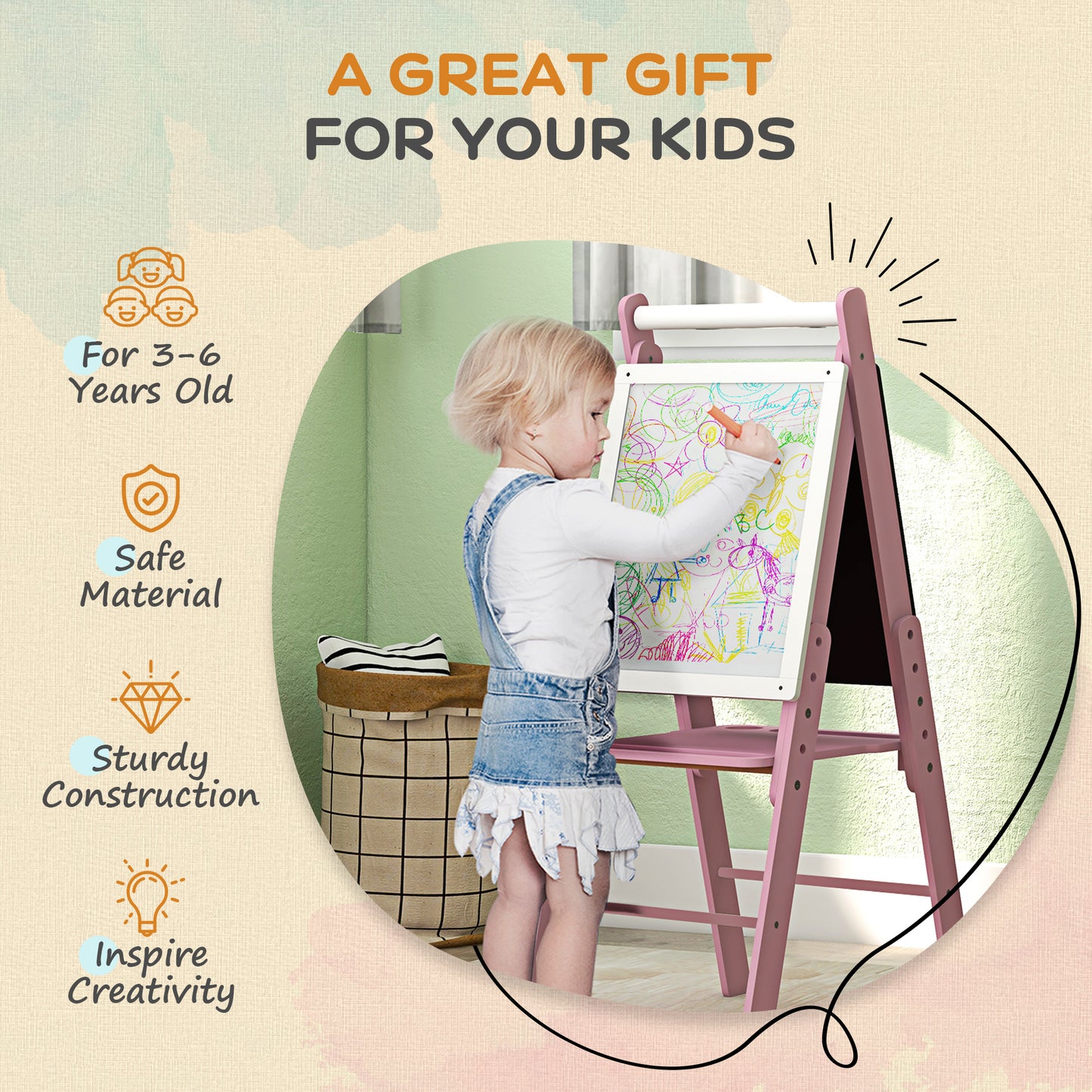 AIYAPLAY Three In One Kids Easel With Paper Roll Blackboard Whiteboard Adjustable Height Pink