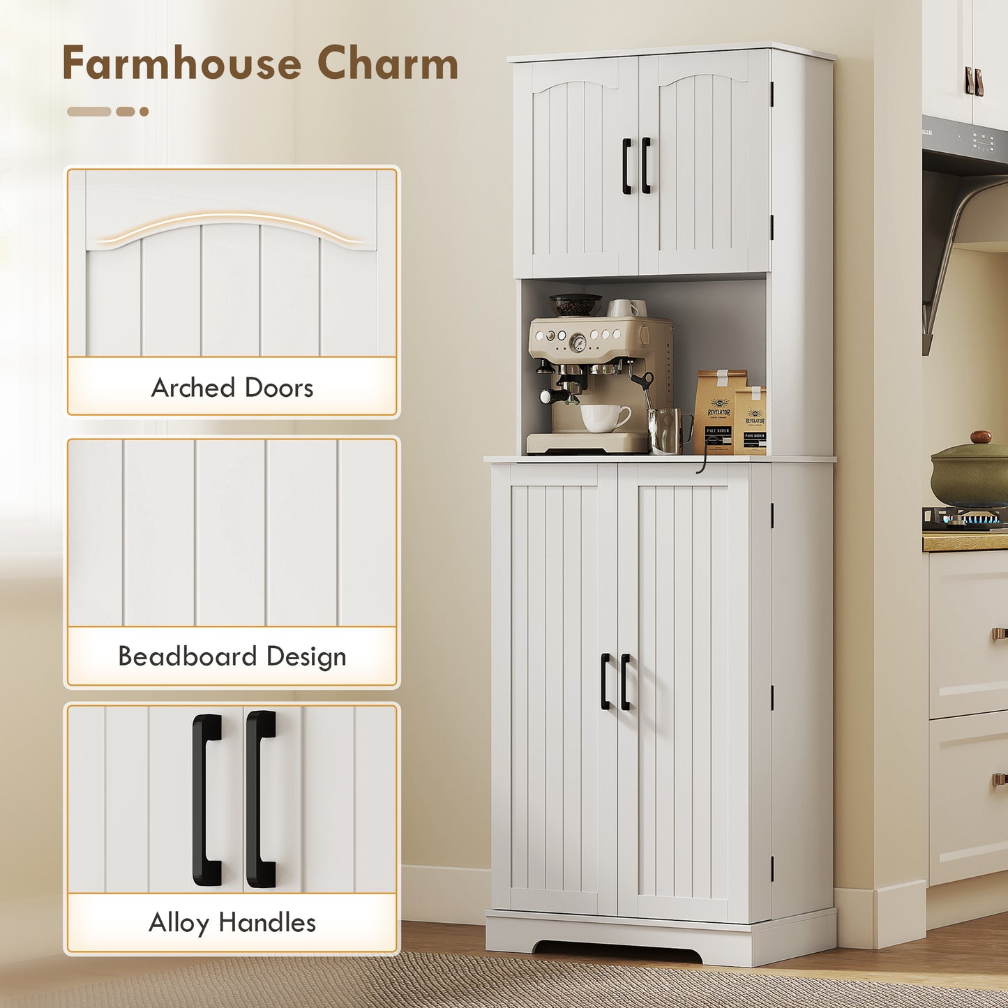 HOMCOM 181.5 cm Freestanding Storage Cabinet Tall Kitchen Cupboard With Adjustable Shelves And 8 Door Spice Racks White