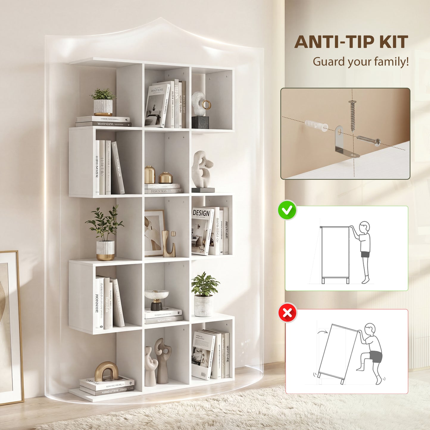 HOMCOM 5 Tier S Shaped Geometric Bookcase With 15 Compartments White Wood Effect Bookshelf