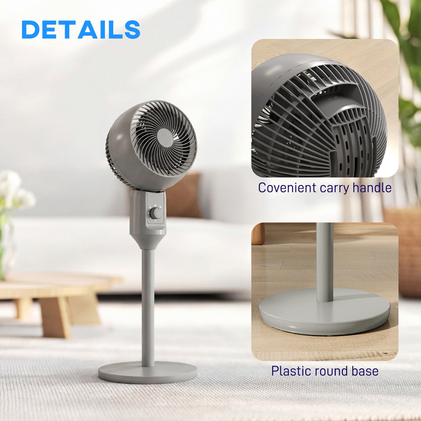 HOMCOM Air Circulator Pedestal Fan 9 Inch Oscillating Grey With 3 Speed Settings And Carry Handle