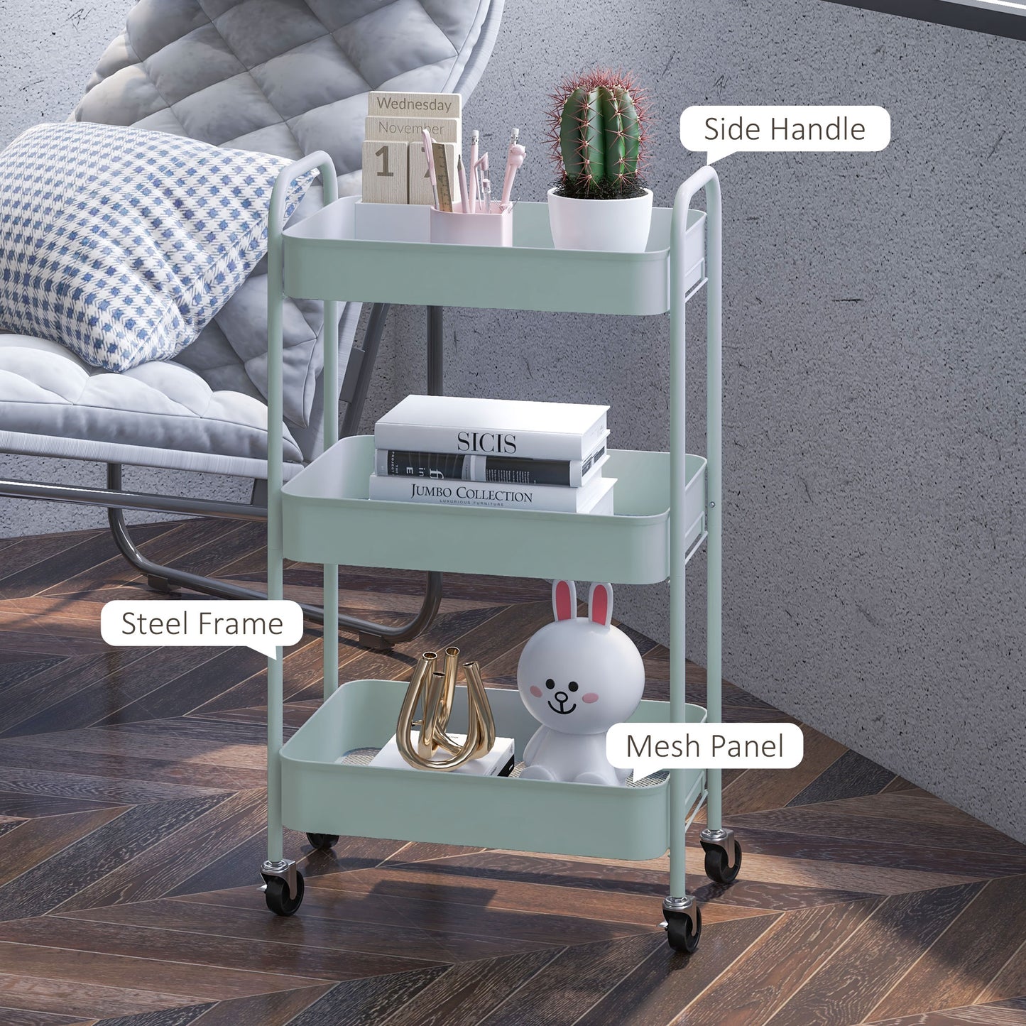 HOMCOM Three Tier Steel Storage Trolley Light Blue Rolling Cart With Small Medium And Large Baskets