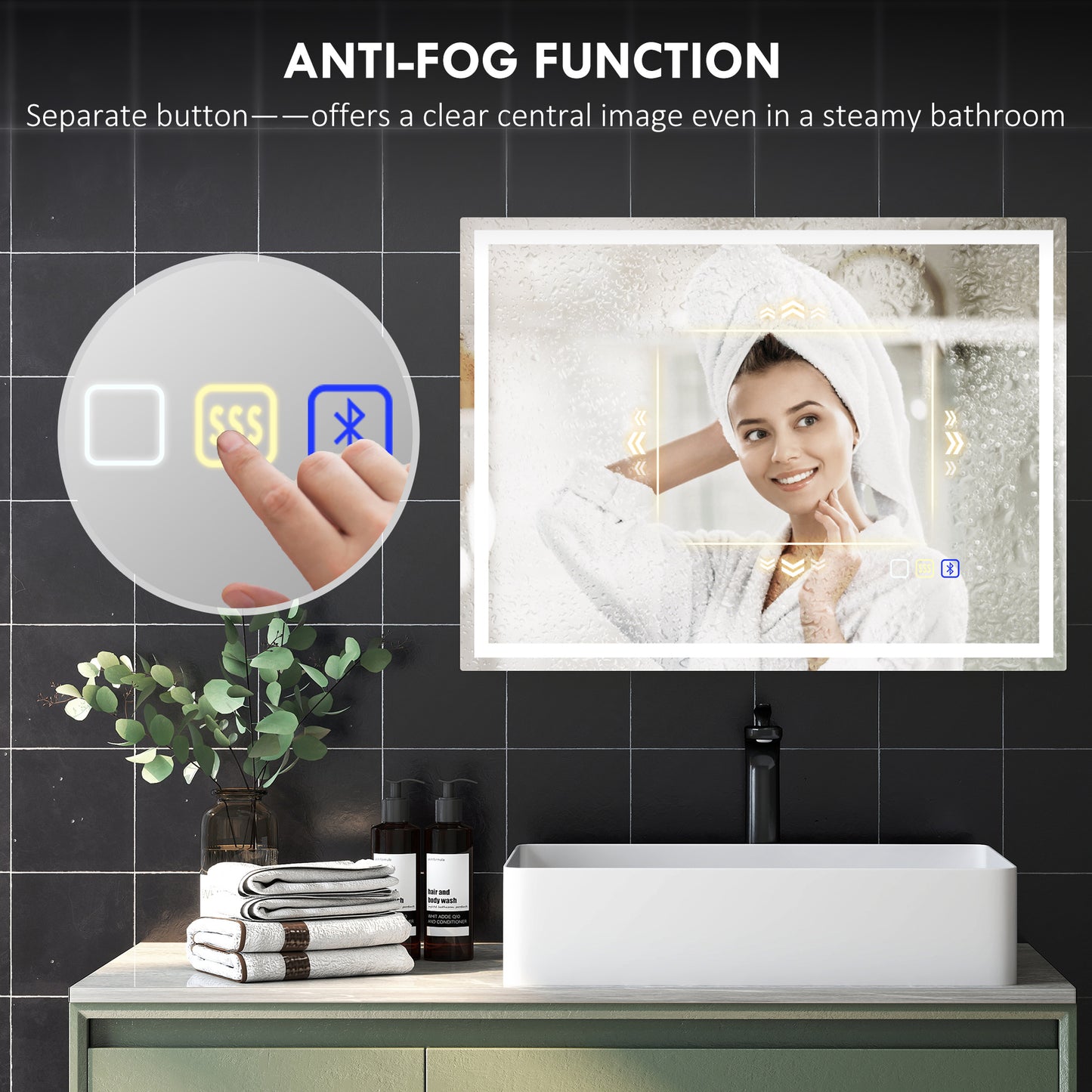 HOMCOM 60 X 80 CM Anti Fog LED Bathroom Mirror With Bluetooth Speaker And Clock Silver Tone