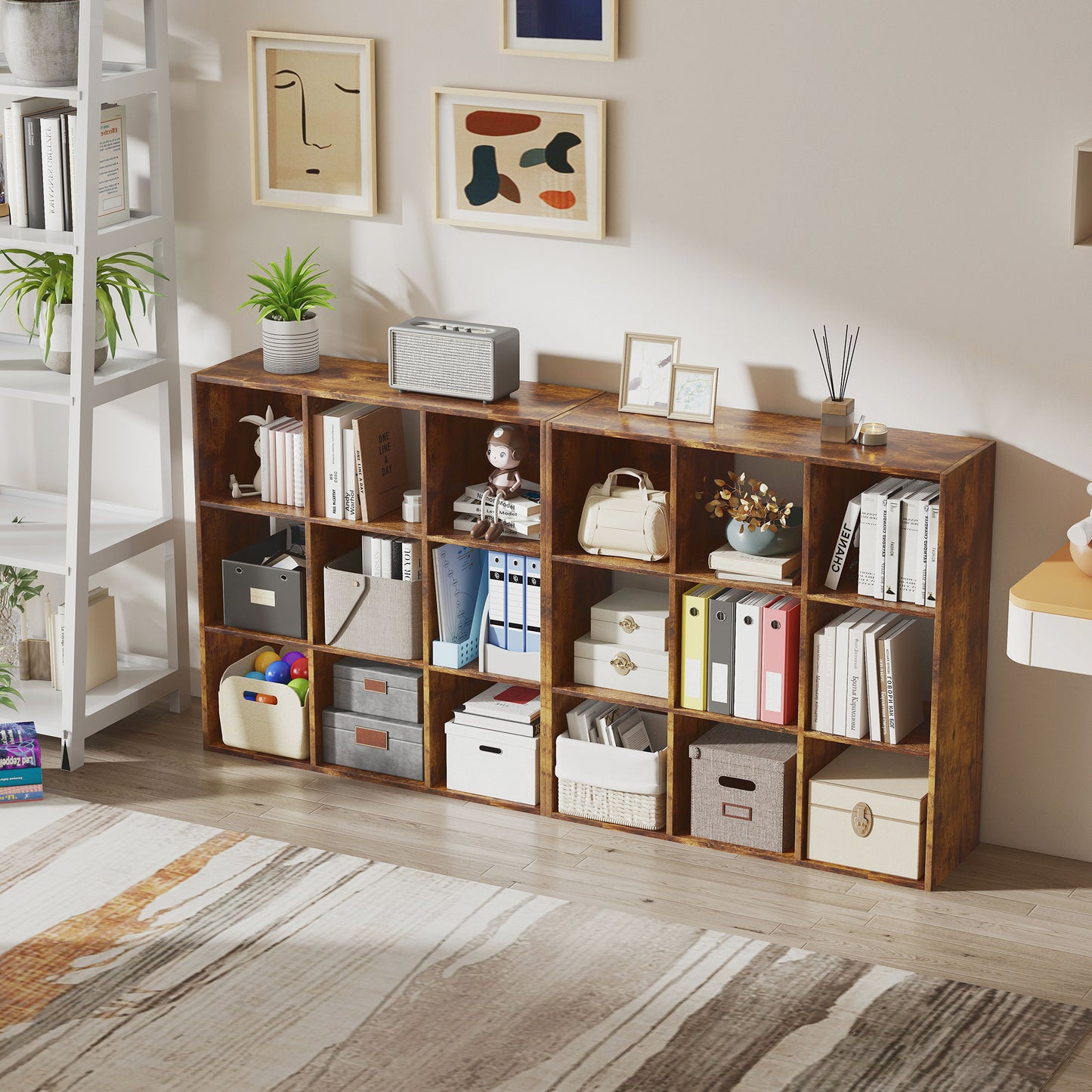 HOMCOM 3 Tier 9 Cube Storage Unit Rustic Brown Particle Board Bookcase Organizer For Home Office Shelves